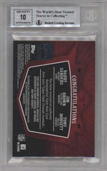 Barry Sanders/Jim Brown/Tony Dorsett from the 2007 Topps Triple Threads set featuring a Red parallel graded by Beckett and given an overall grade of 9.