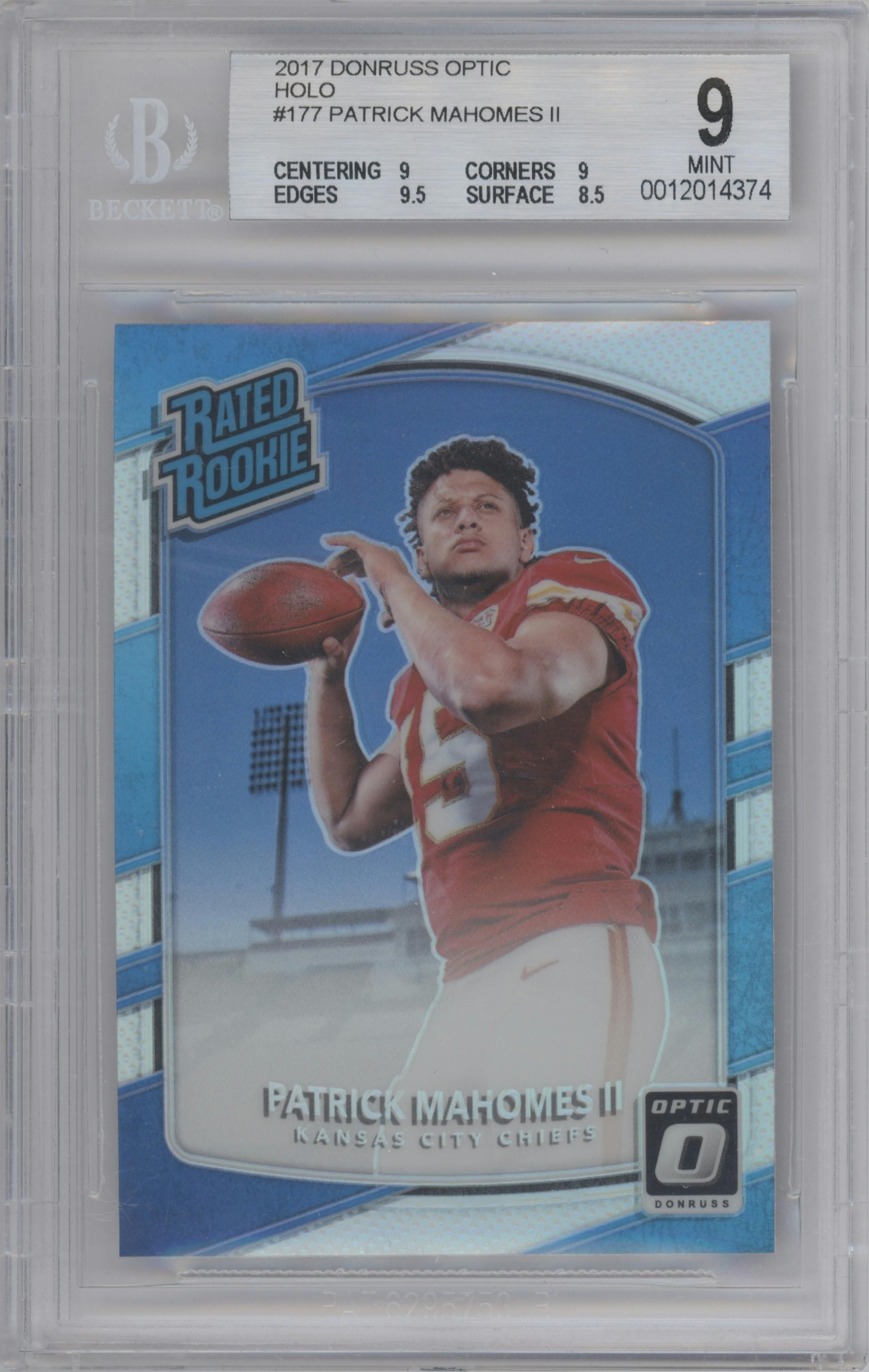 Patrick Mahomes II from the 2017 Panini Donruss Optic set featuring a Holo parallel graded by Beckett and given an overall grade of 9.