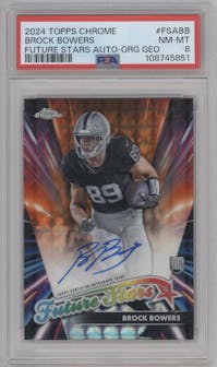 Brock Bowers from the 2024 Topps Chrome set featuring a Orange Geometric Refractor parallel graded by PSA and given an overall grade of 8.