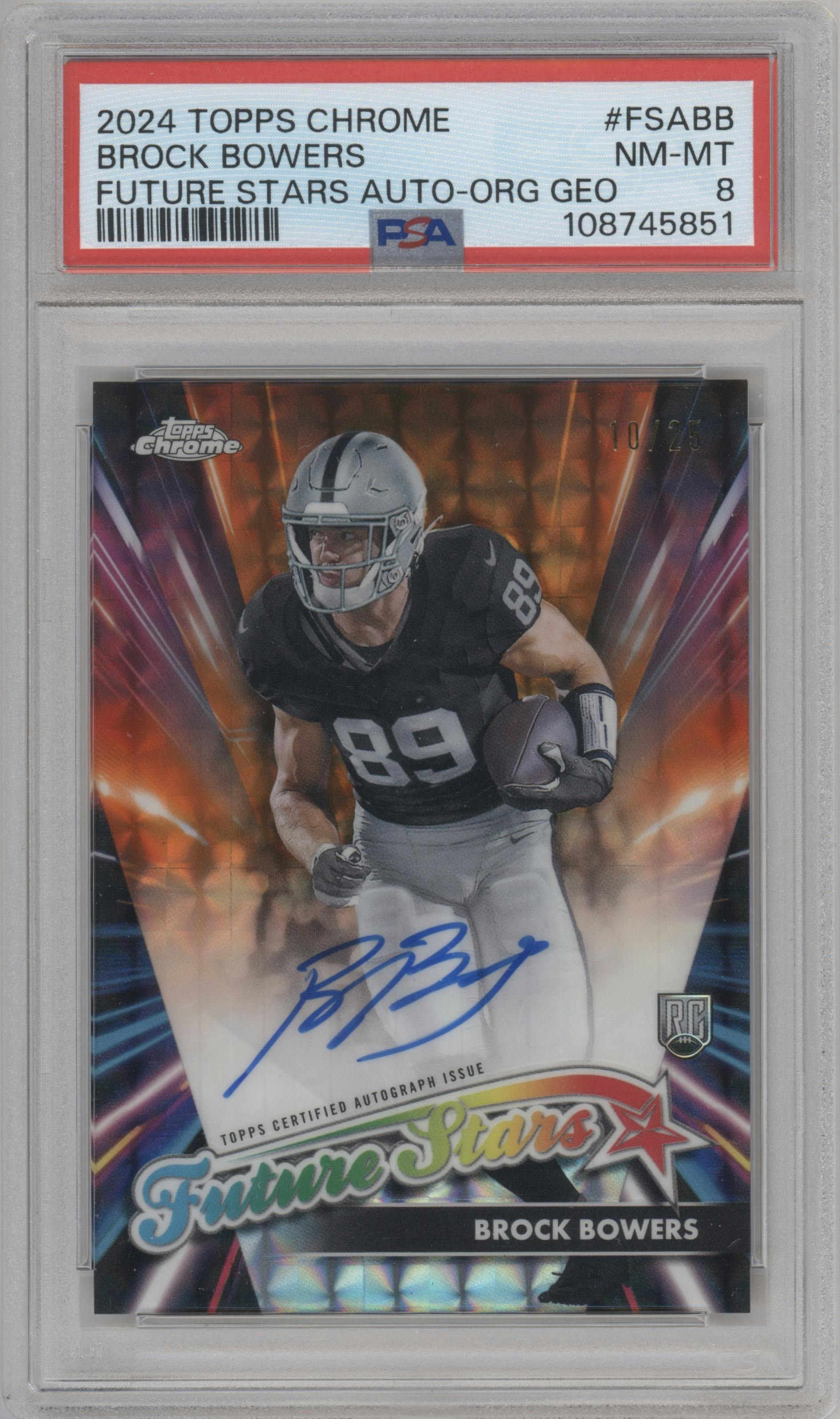 Brock Bowers from the 2024 Topps Chrome set featuring a Orange Geometric Refractor parallel graded by PSA and given an overall grade of 8.