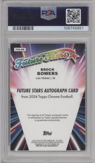 Brock Bowers from the 2024 Topps Chrome set featuring a Orange Geometric Refractor parallel graded by PSA and given an overall grade of 8.