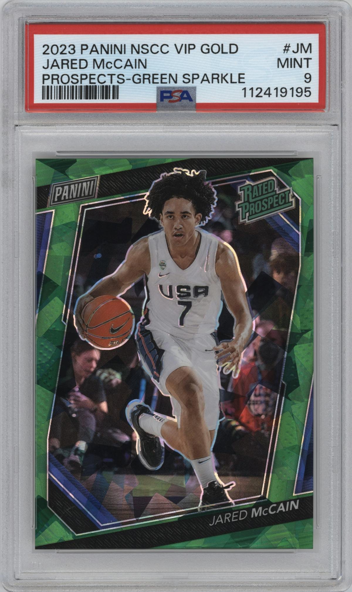 Jared McCain from the 2023 Panini The National VIP set featuring a Green Sparkle parallel graded by PSA and given an overall grade of 9.