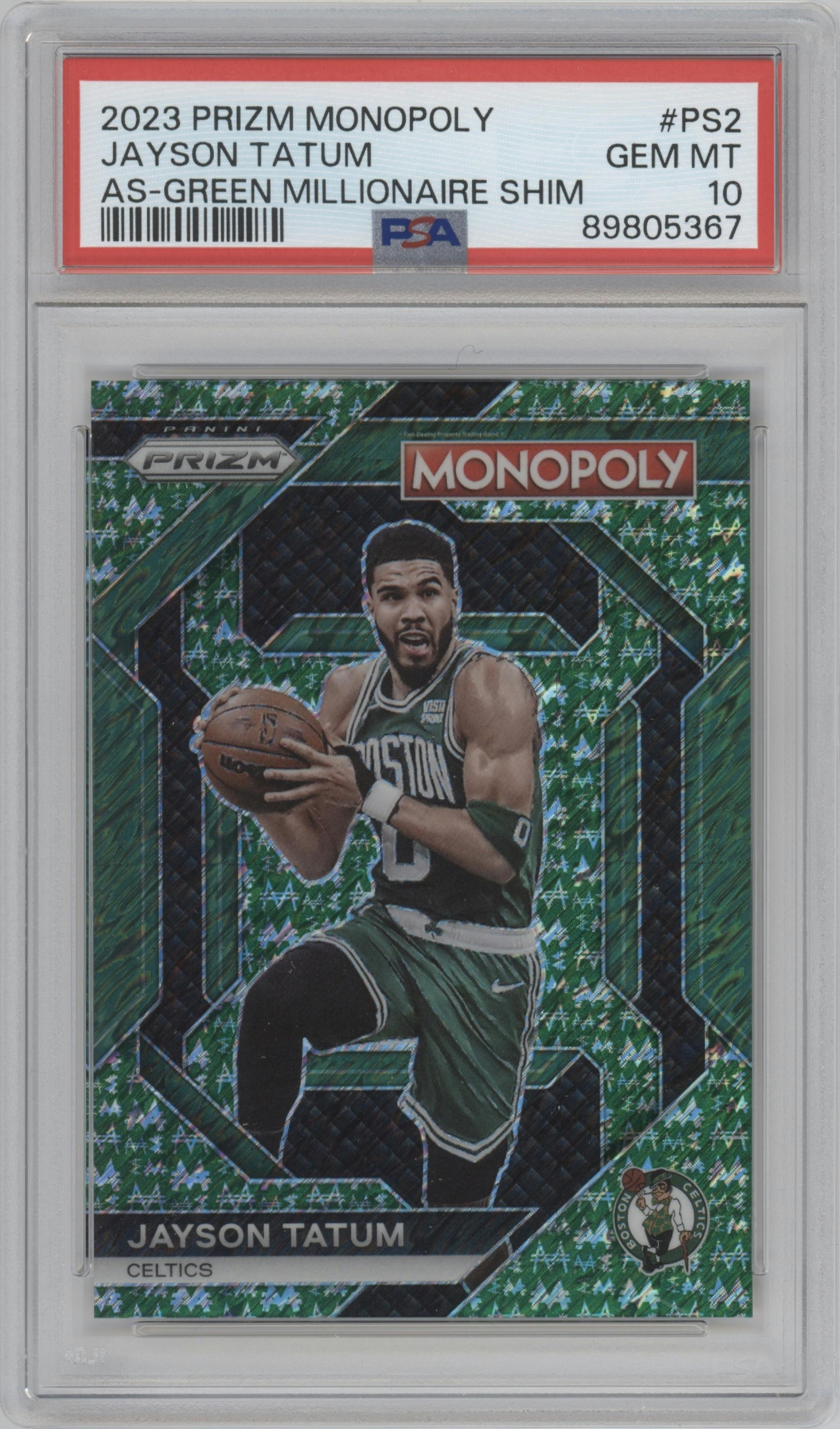 Jayson Tatum from the 2023-24 Panini Prizm Monopoly set featuring a Green Millionaire Shimmer parallel graded by PSA and given an overall grade of 10.