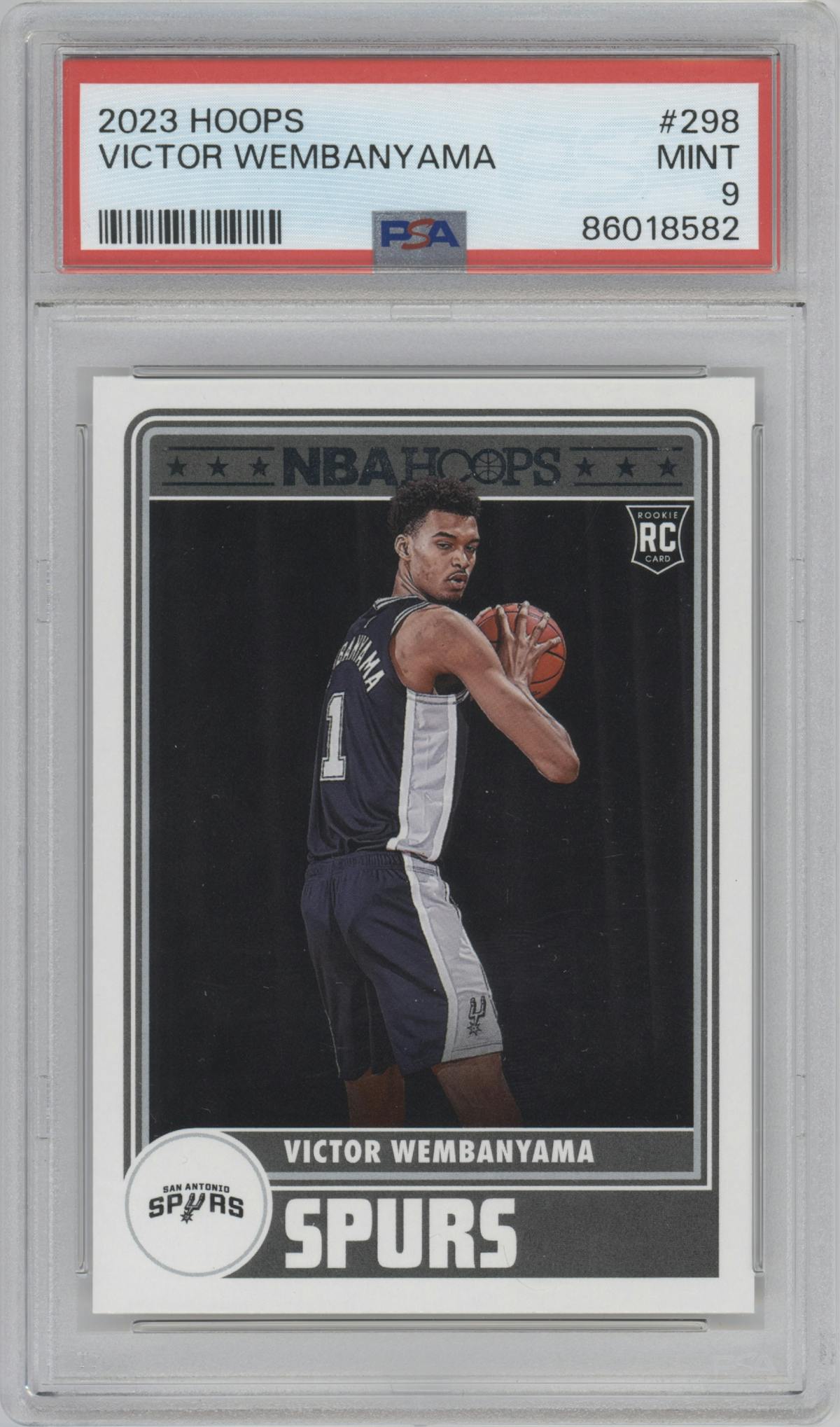 Victor Wembanyama from the 2023-24 Panini NBA Hoops set graded by PSA and given an overall grade of 9.