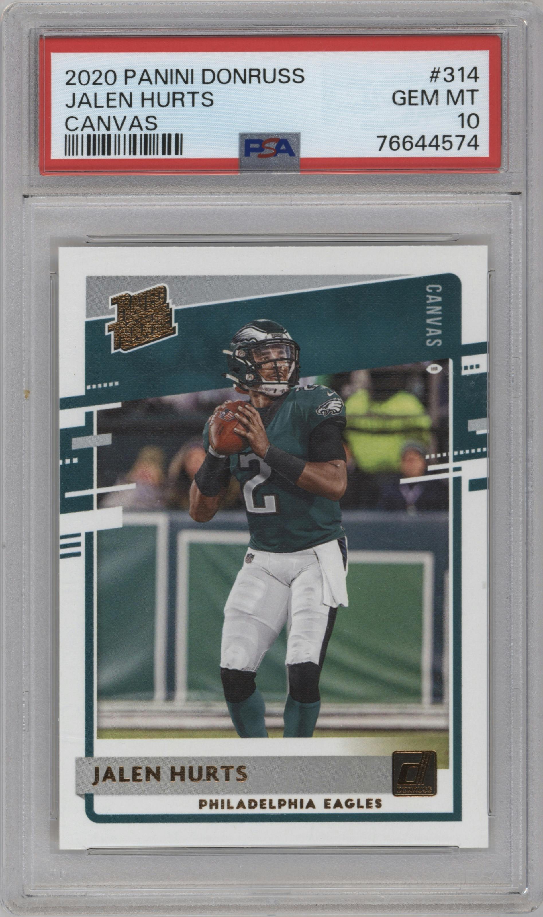 Jalen Hurts from the 2020 Panini Donruss set featuring a Canvas parallel graded by PSA and given an overall grade of 10.