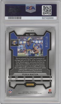 Puka Nacua from the 2023 Panini Prizm set featuring a Red Wave parallel graded by PSA and given an overall grade of 9.
