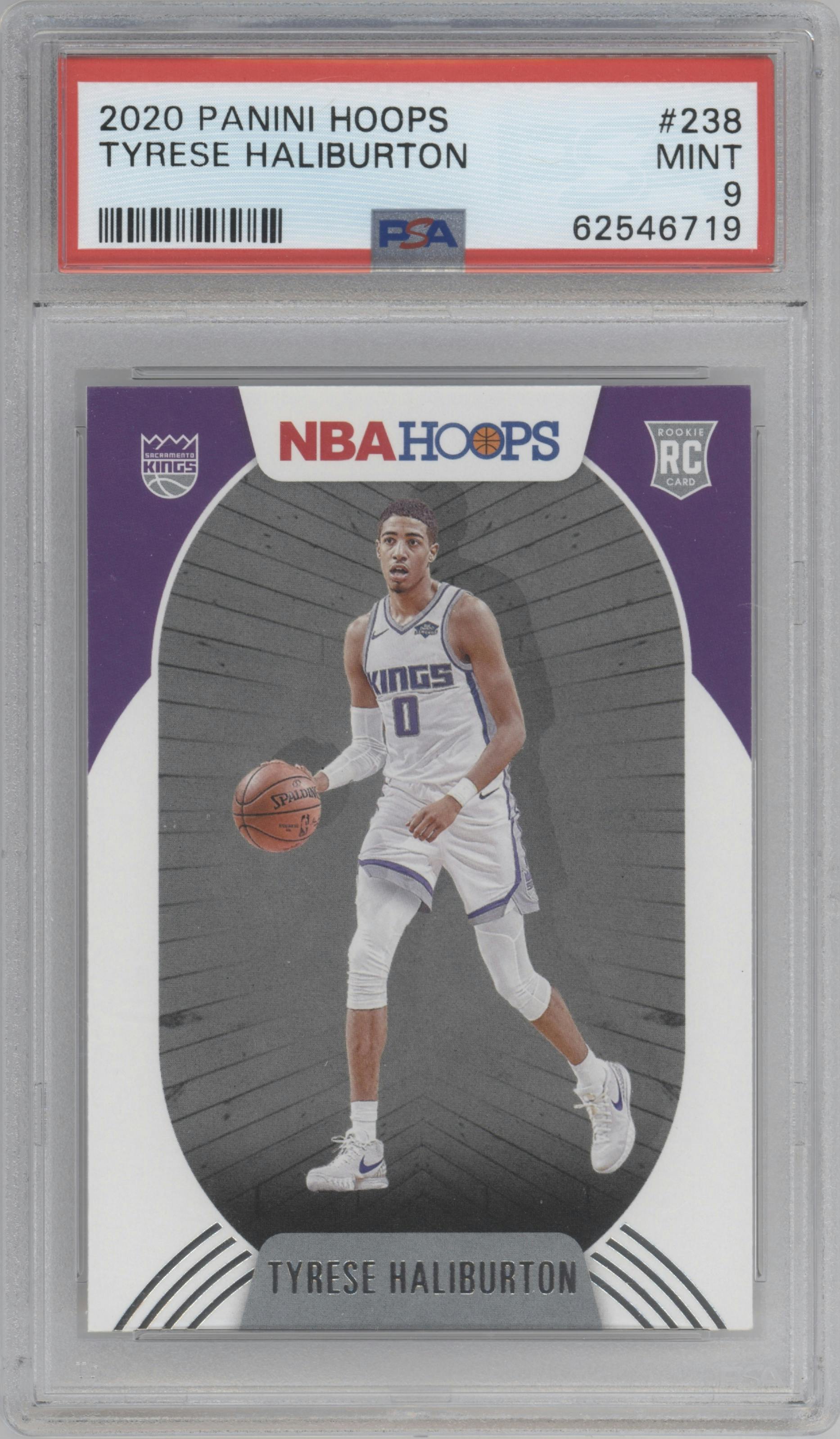Tyrese Haliburton from the 2020-21 Panini NBA Hoops set graded by PSA and given an overall grade of 9.