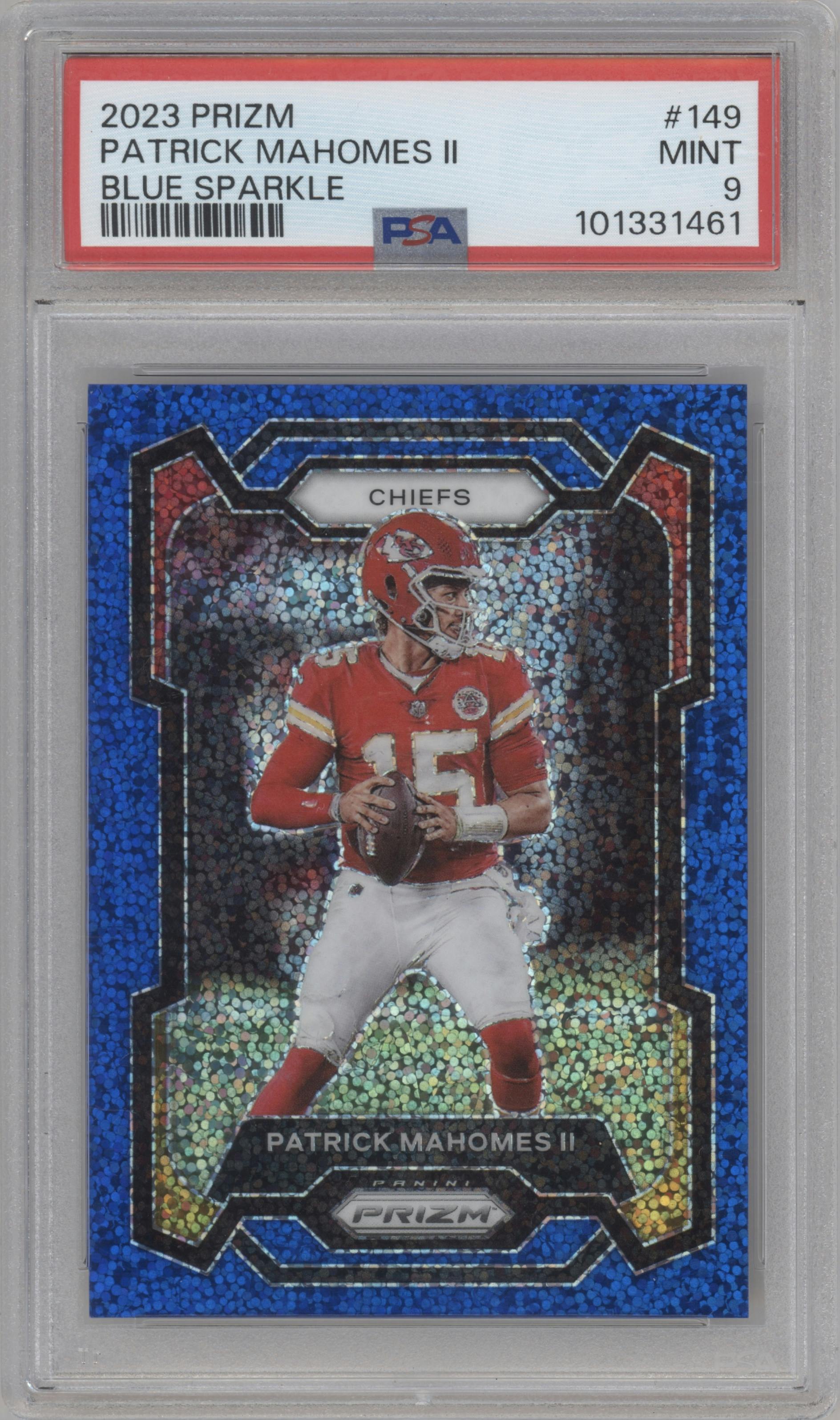 Patrick Mahomes II from the 2023 Panini Prizm set featuring a Blue Sparkle parallel graded by PSA and given an overall grade of 9.