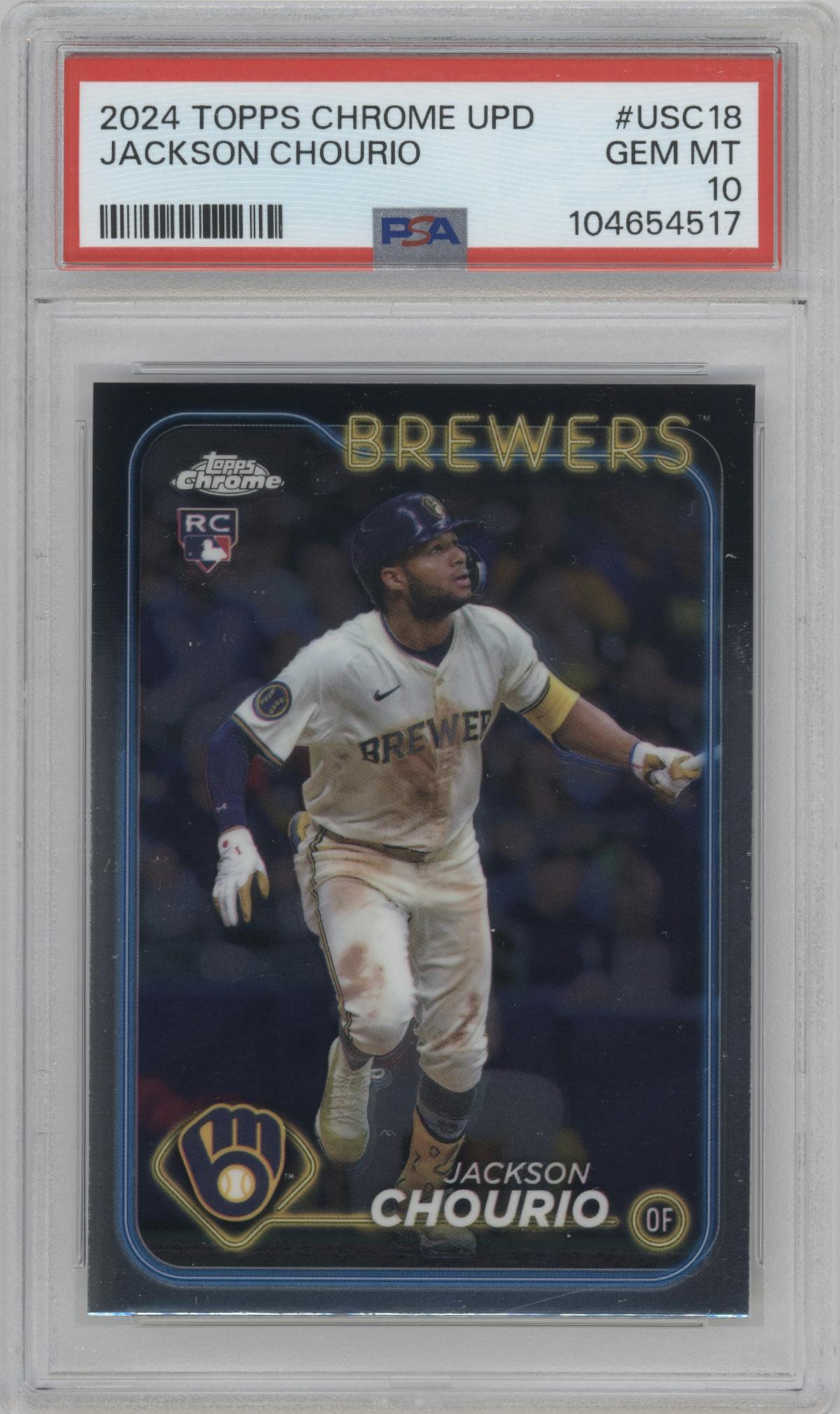 Jackson Chourio from the 2024 Topps Chrome Update set graded by PSA and given an overall grade of 10.