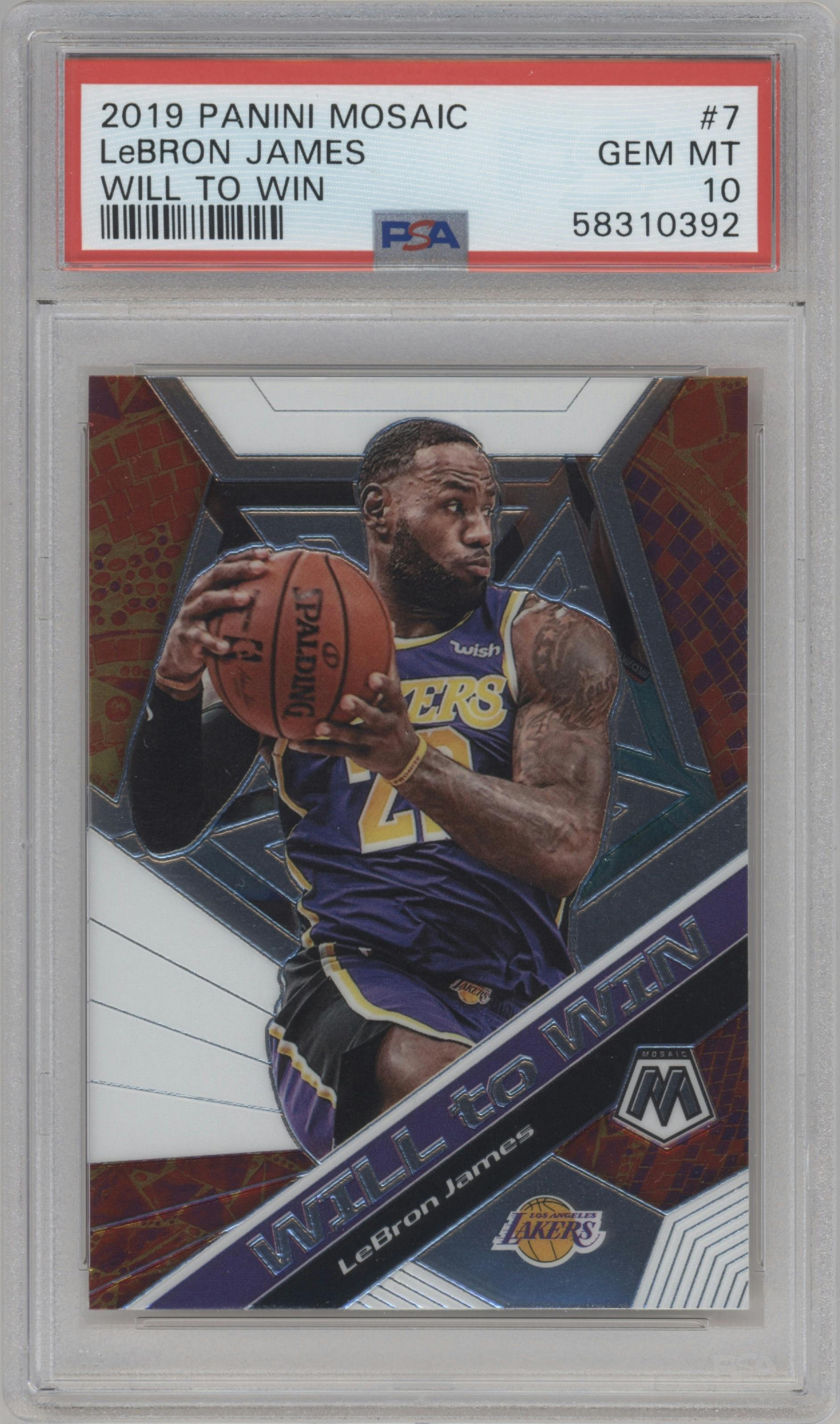 LeBron James from the 2019-20 Panini Mosaic  set graded by PSA and given an overall grade of 10.
