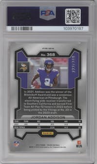 Jordan Addison from the 2023 Panini Prizm set featuring a Orange Prizm parallel graded by PSA and given an overall grade of 9.