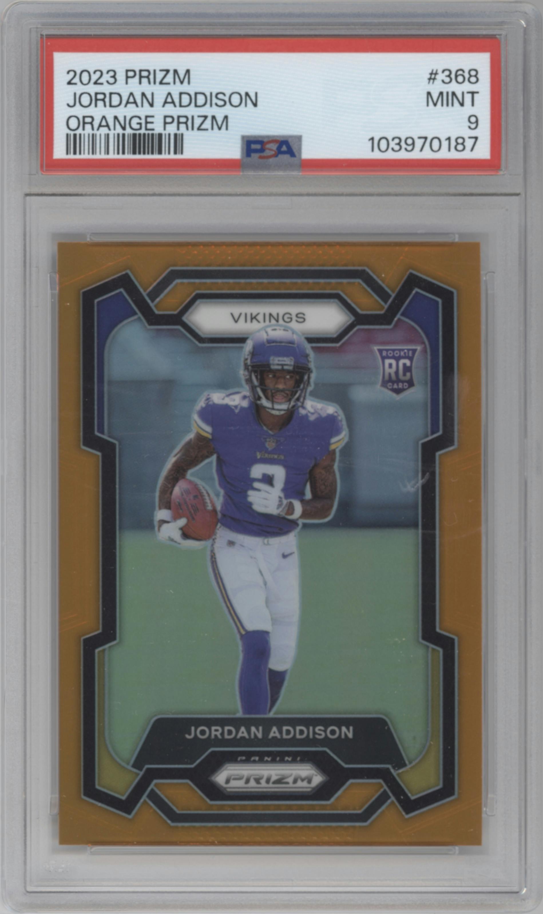 Jordan Addison from the 2023 Panini Prizm set featuring a Orange Prizm parallel graded by PSA and given an overall grade of 9.