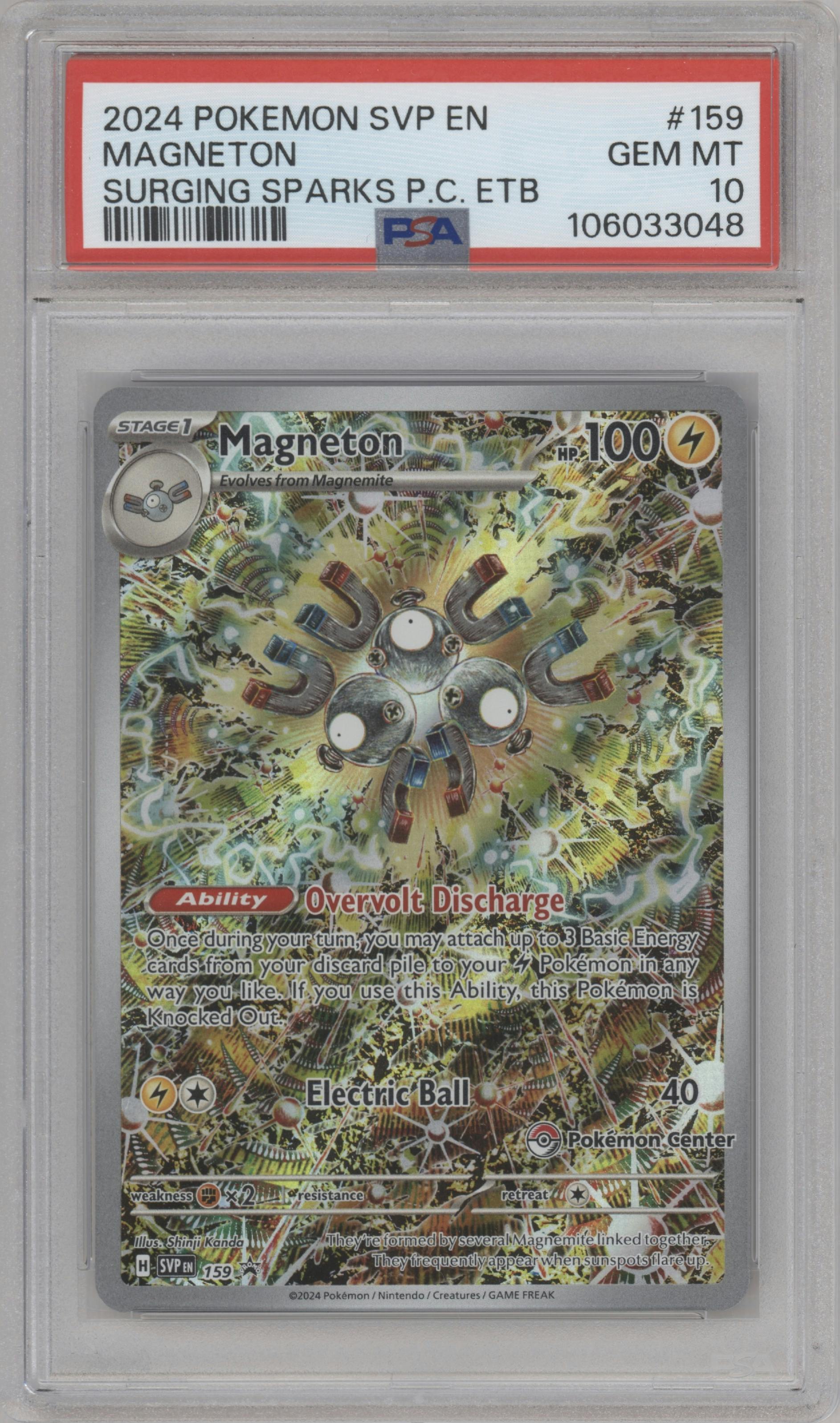 Magneton from the 2024 Pokemon SV set featuring a Surging Sparks Pokemon Center Elite Trainer boxes parallel graded by PSA and given an overall grade of 10.