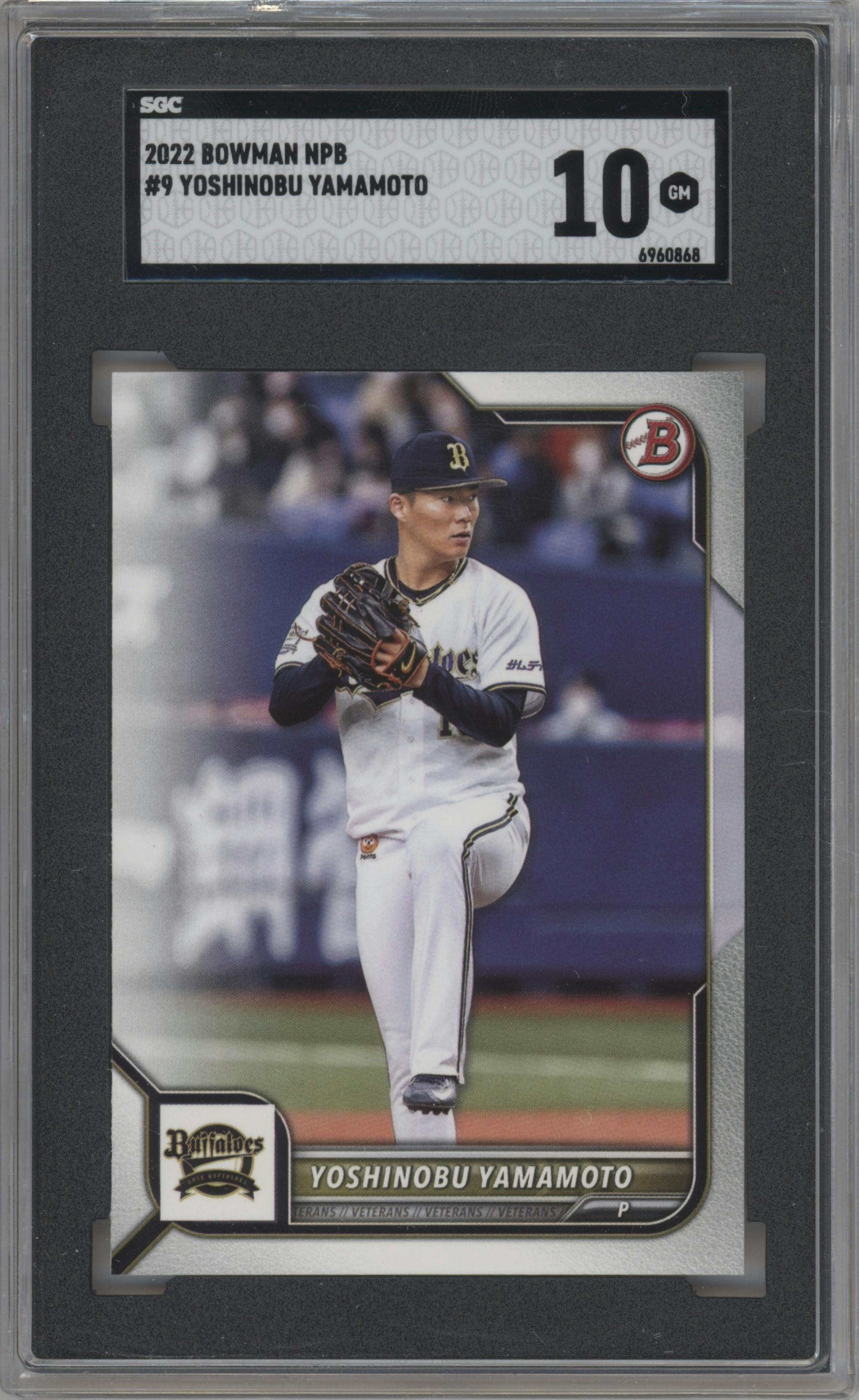 Yoshinobu Yamamoto from the 2022 Bowman Nippon Professional Baseball set graded by SGC and given an overall grade of 10.