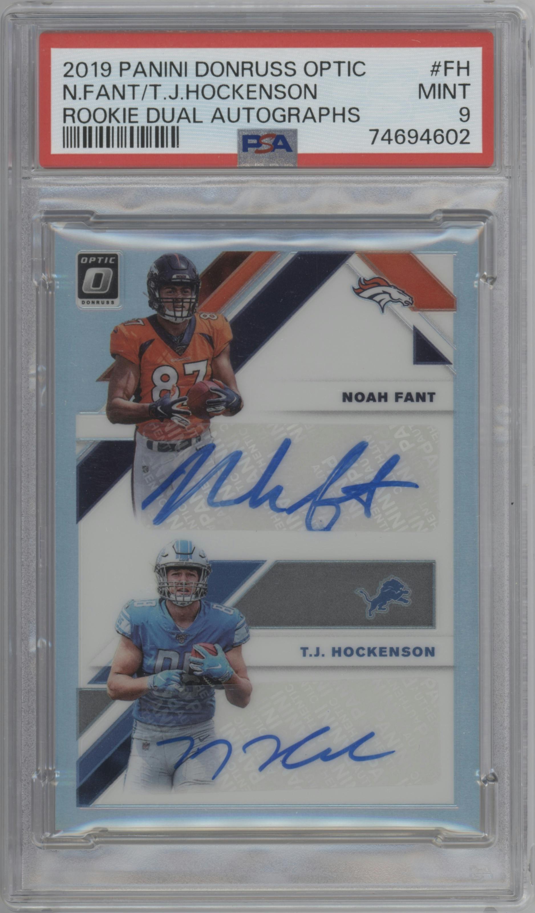 Noah Fant/T.J. Hockenson from the 2019 Panini Donruss Optic set graded by PSA and given an overall grade of 9.