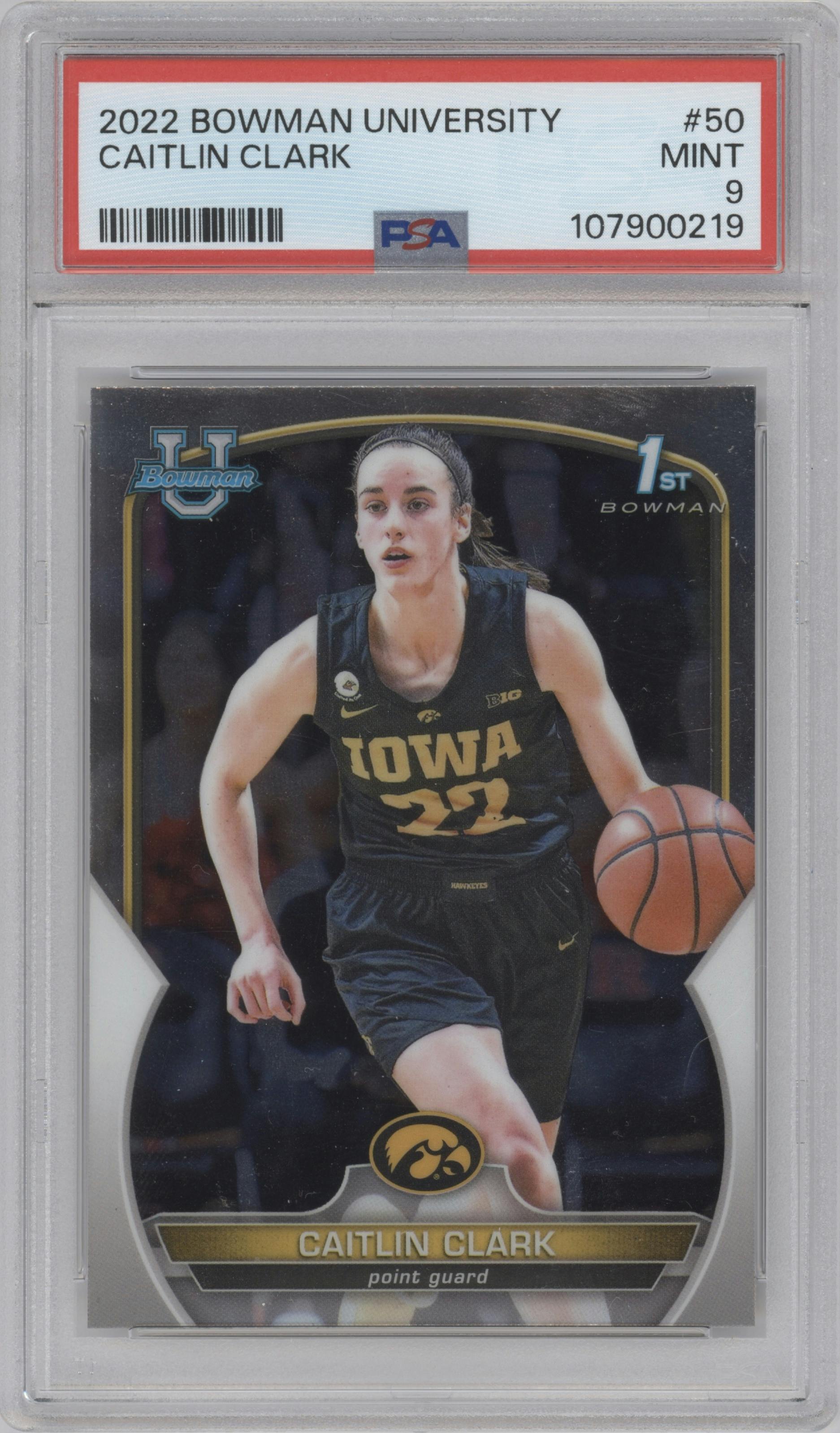 Caitlin Clark from the 2022-23 Bowman University Chrome set graded by PSA and given an overall grade of 9.