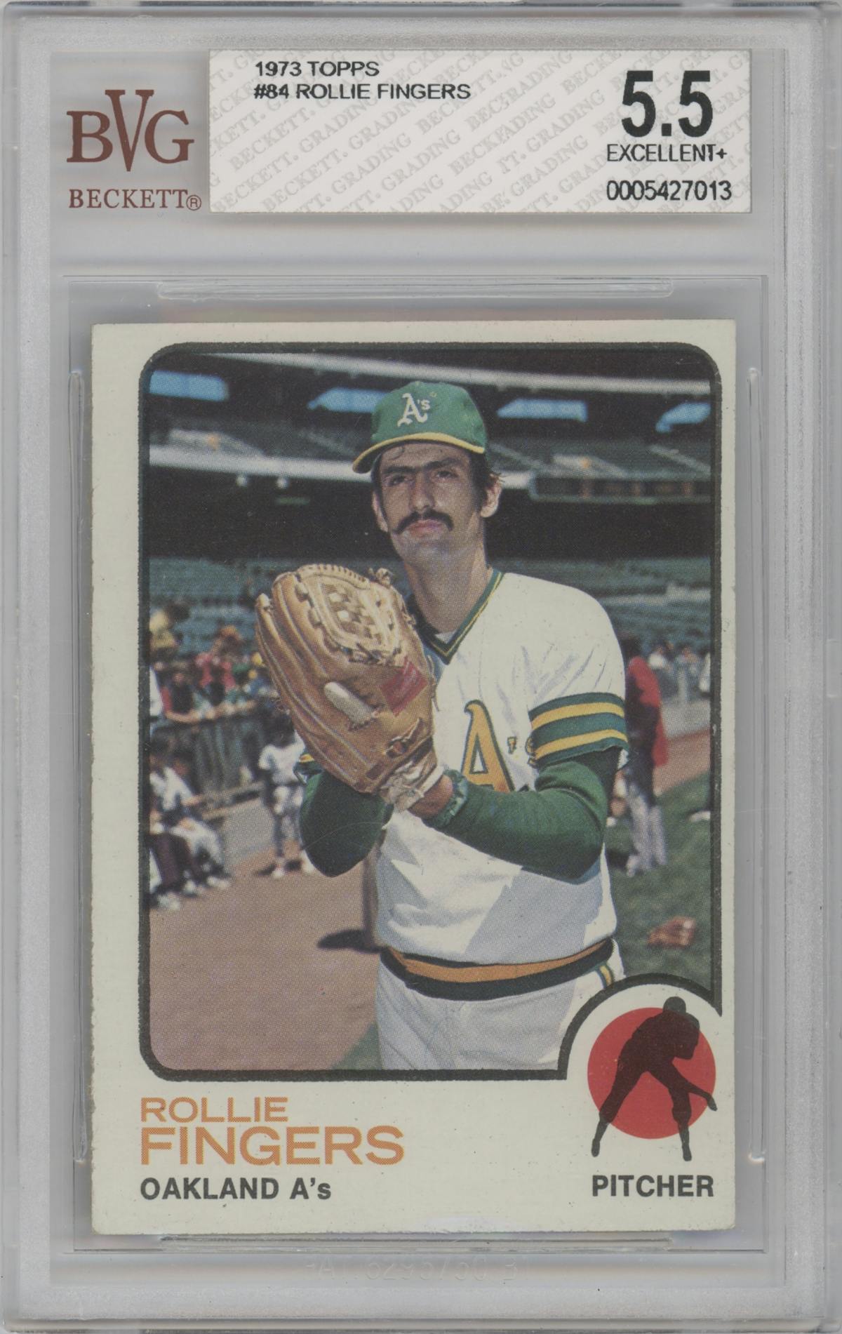 Rollie Fingers from the 1973 Topps set graded by Beckett and given an overall grade of 5.5.