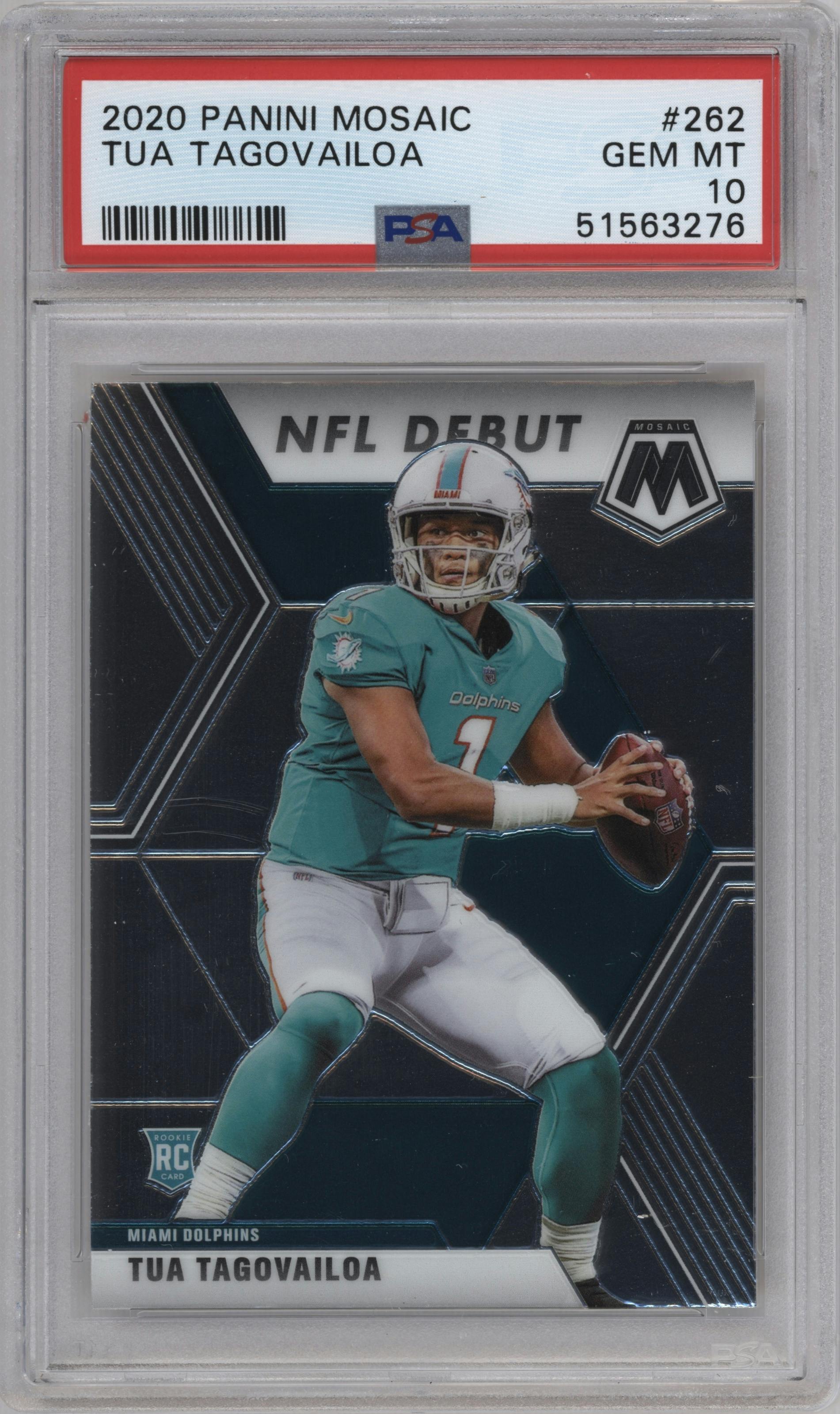 Tua Tagovailoa from the 2020 Panini Mosaic set graded by PSA and given an overall grade of 10.