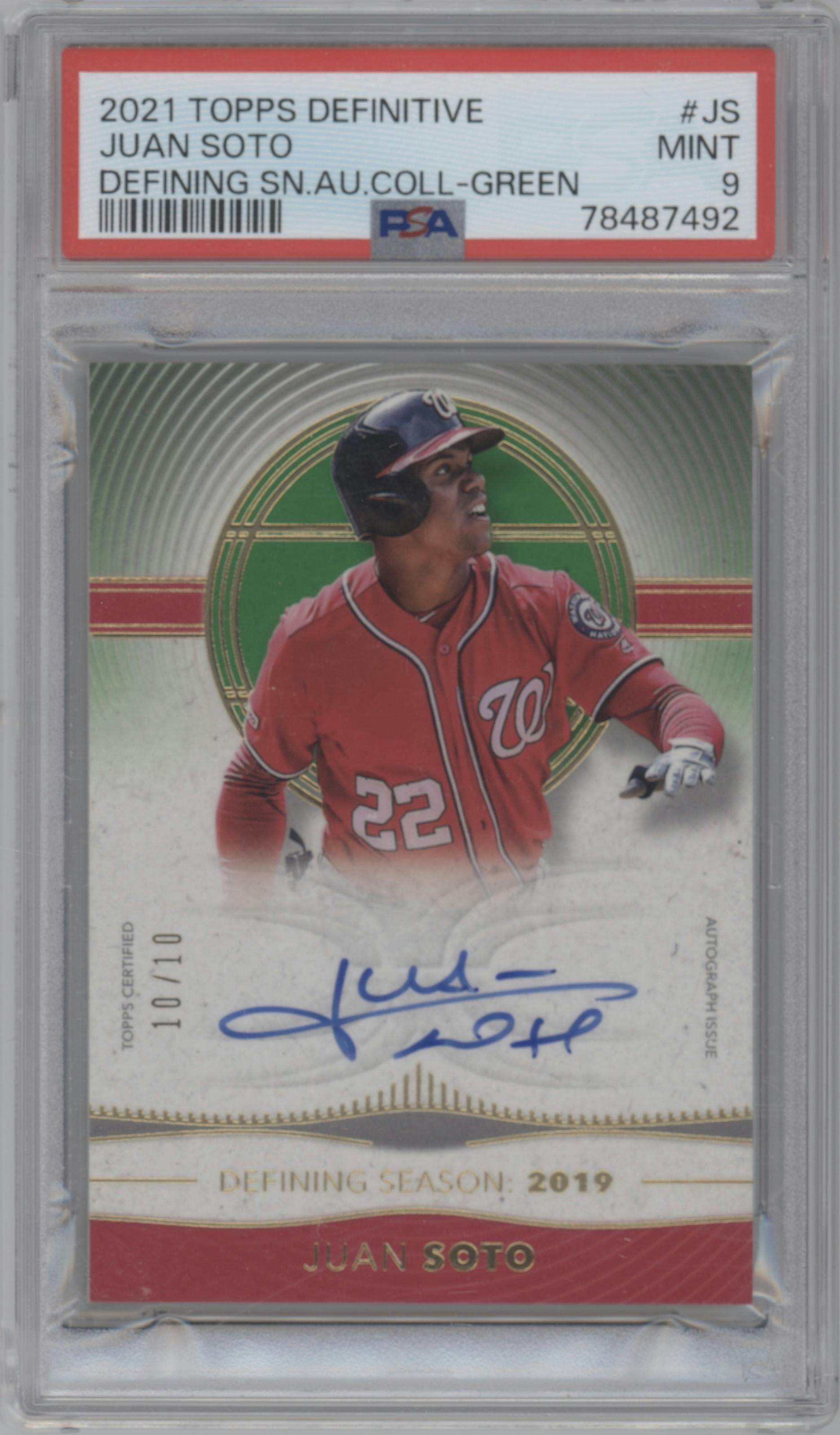 Juan Soto from the 2021 Topps Definitive Collection set featuring a Green parallel graded by PSA and given an overall grade of 9.