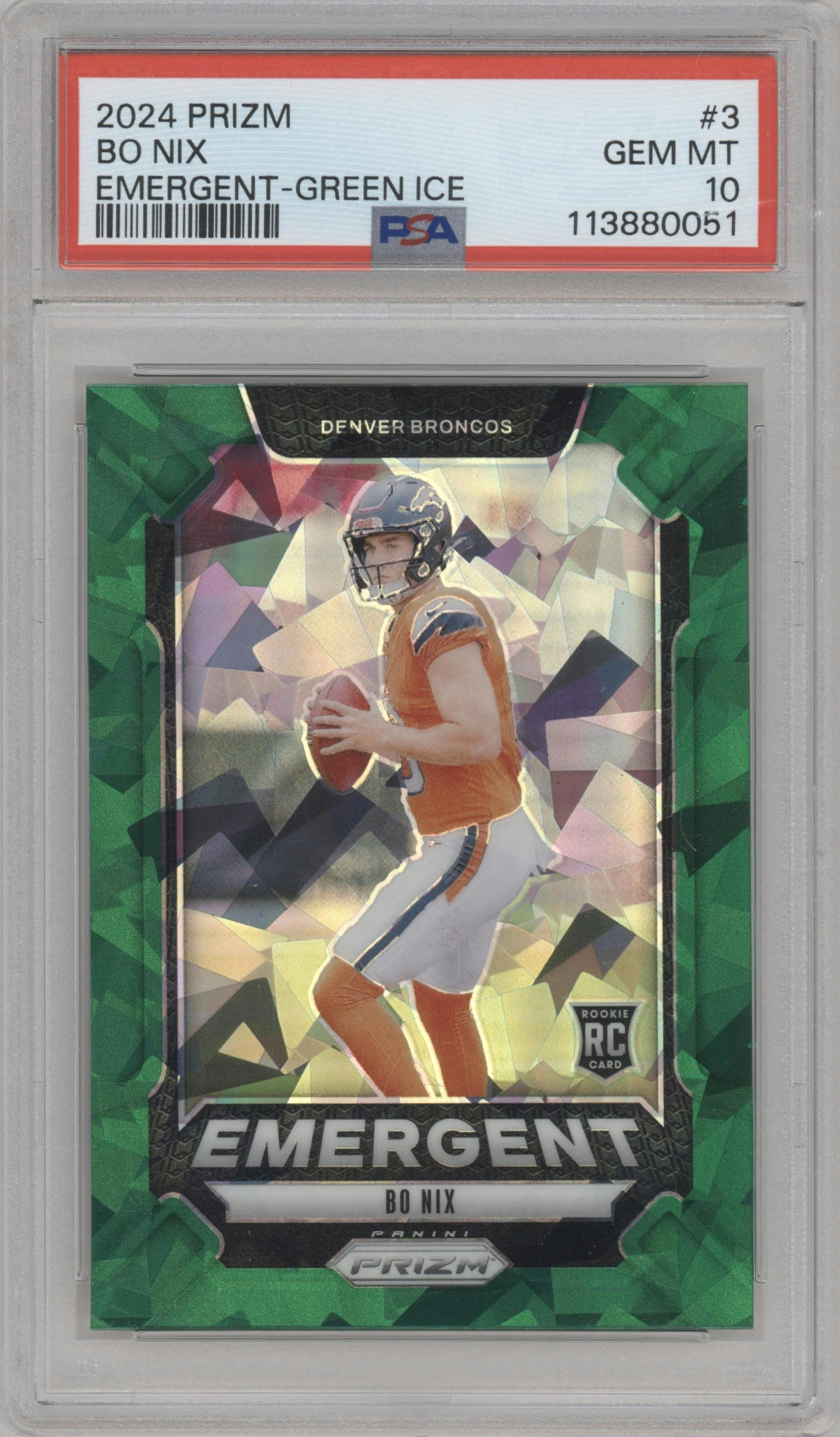 Bo Nix from the 2024 Panini Prizm set featuring a Green Ice parallel graded by PSA and given an overall grade of 10.