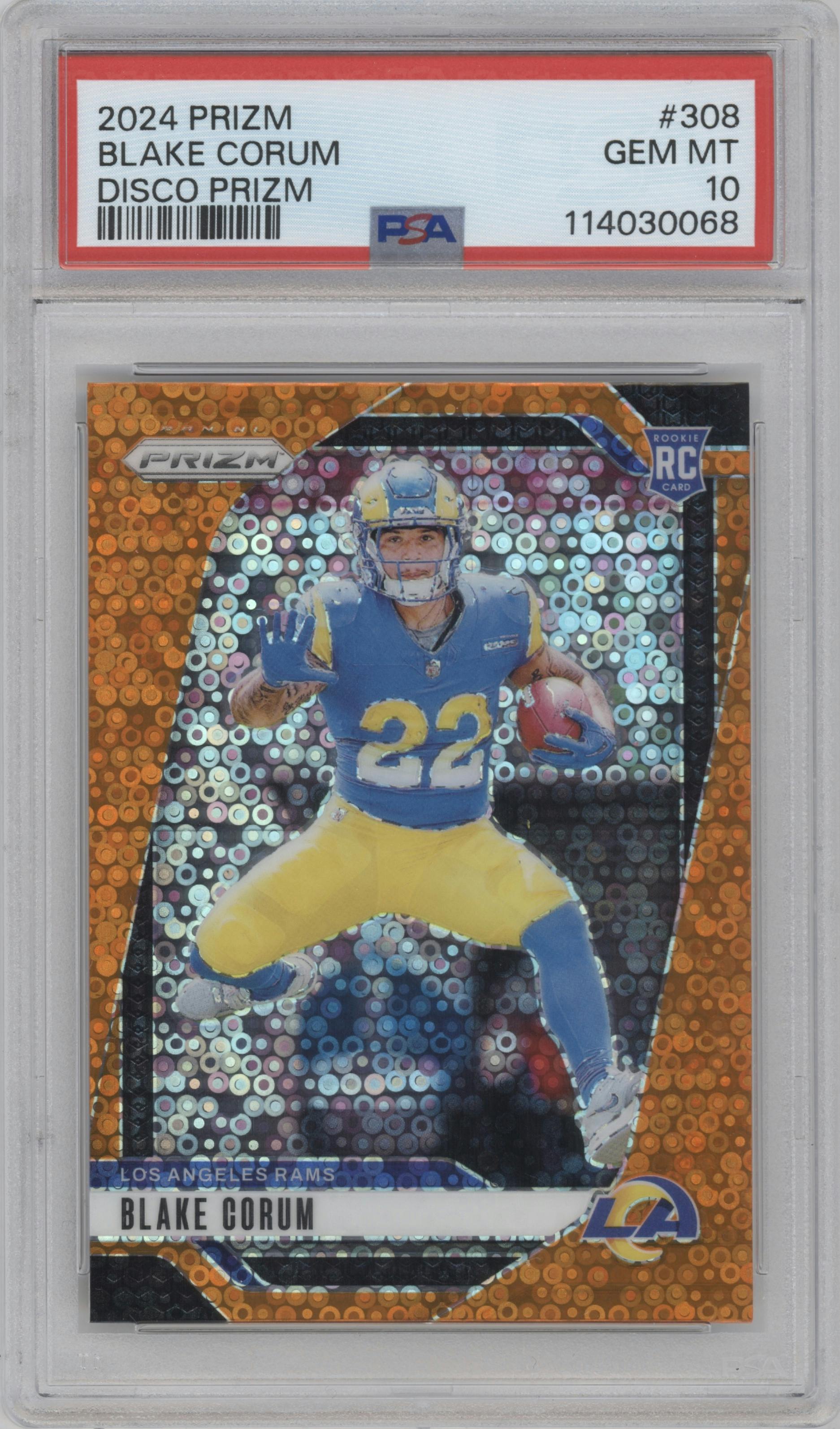 Blake Corum from the 2024 Panini Prizm set featuring a Disco parallel graded by PSA and given an overall grade of 10.