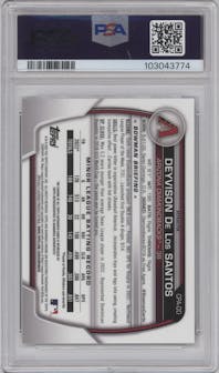 Deyvison De Los Santos from the 2023 Bowman Chrome set featuring a Refractor parallel graded by PSA and given an overall grade of 10.