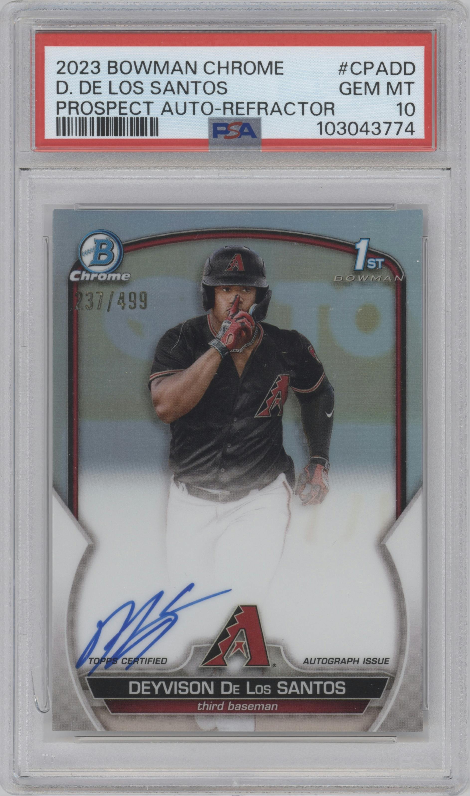 Deyvison De Los Santos from the 2023 Bowman Chrome set featuring a Refractor parallel graded by PSA and given an overall grade of 10.