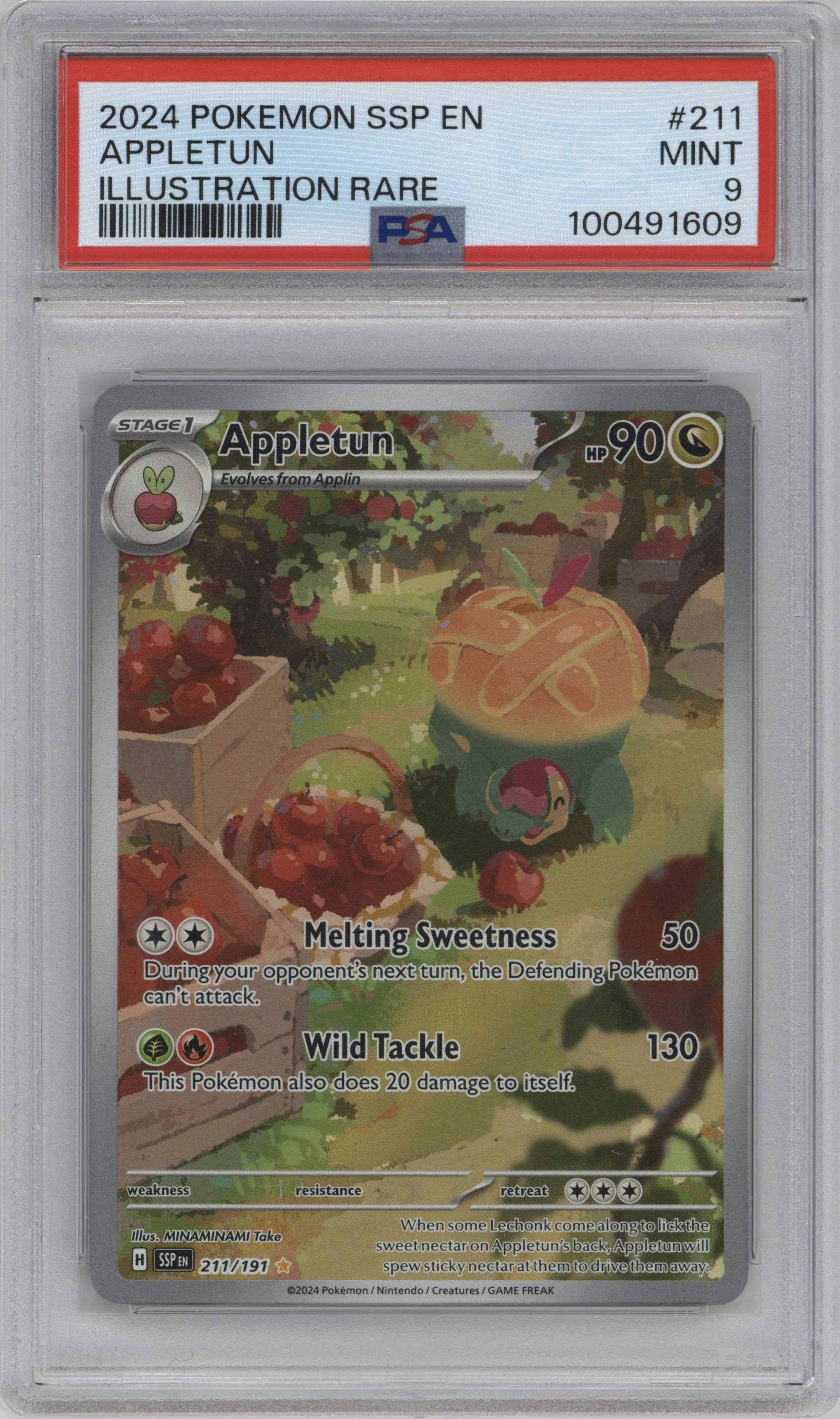 Appletun from the 2024 Pokemon SV set graded by PSA and given an overall grade of 9.
