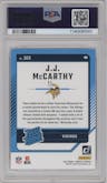 J.J. McCarthy from the 2024 Donruss set graded by PSA and given an overall grade of 10.