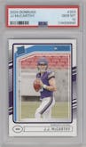 J.J. McCarthy from the 2024 Donruss set graded by PSA and given an overall grade of 10.