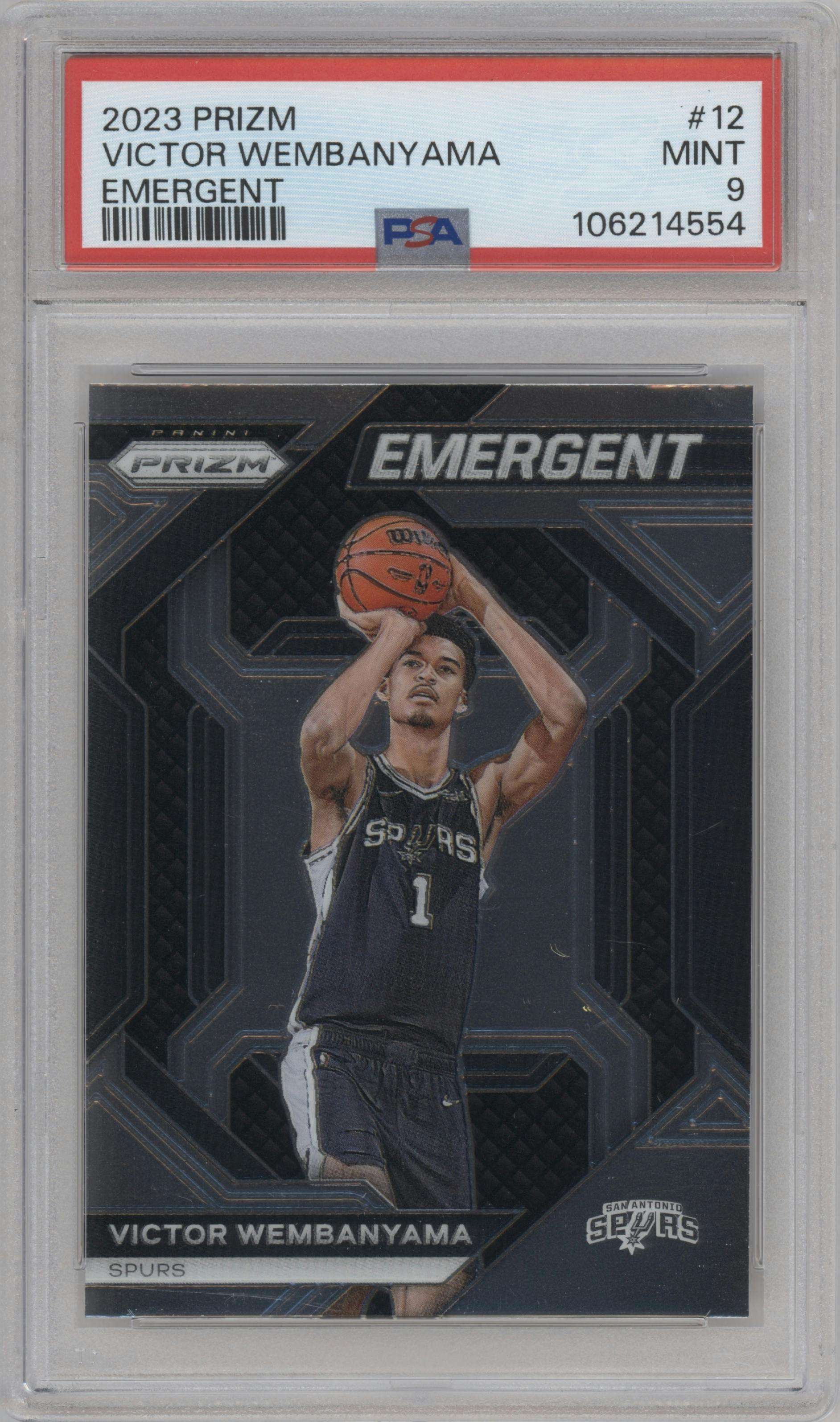Victor Wembanyama from the 2023-24 Panini Prizm set graded by PSA and given an overall grade of 9.