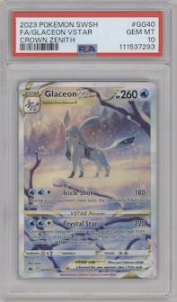 Glaceon Vstar from the 2023 Pokemon SWSH set graded by PSA and given an overall grade of 10.