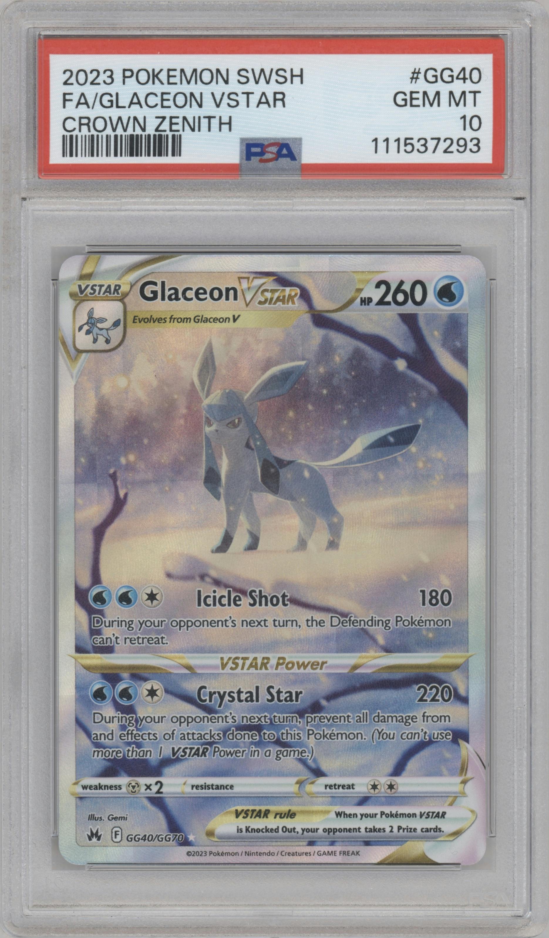 Glaceon Vstar from the 2023 Pokemon SWSH set graded by PSA and given an overall grade of 10.
