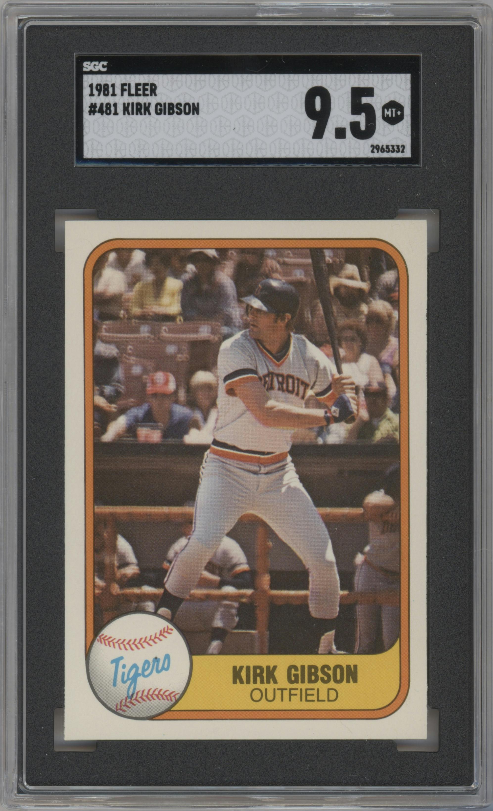 Kirk Gibson from the 1981 Fleer set graded by SGC and given an overall grade of 9.5.