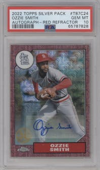 Ozzie Smith from the 2022 Topps Silver Pack  set featuring a Red parallel graded by PSA and given an overall grade of 10.
