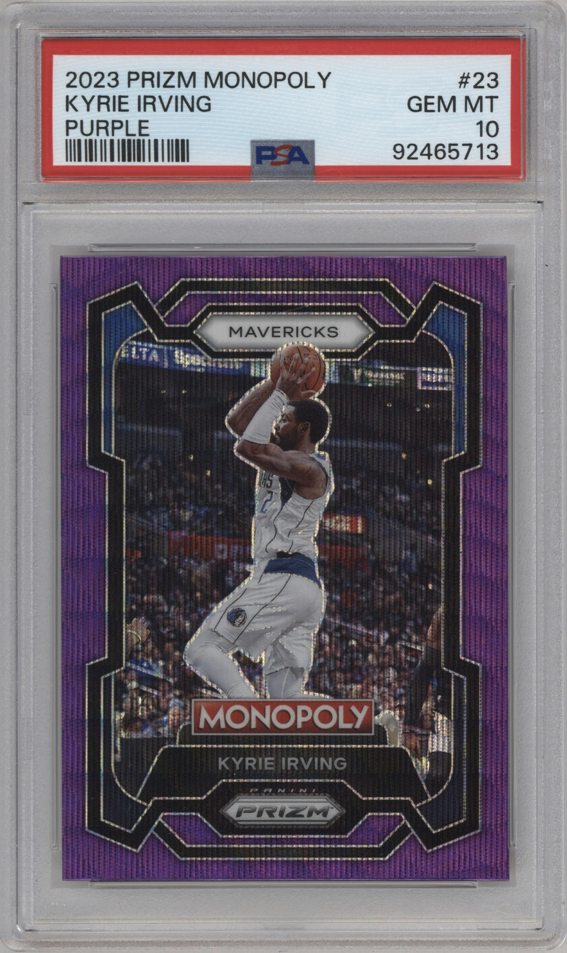 Kyrie Irving from the 2023-24 Panini Prizm Monopoly set featuring a Purple  parallel graded by PSA and given an overall grade of 10.