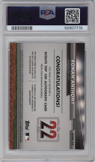 Roman Anthony from the 2024 Bowman set featuring a Gold Refractor parallel graded by PSA and given an overall grade of 10.