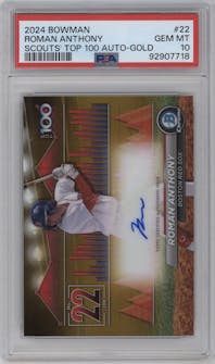 Roman Anthony from the 2024 Bowman set featuring a Gold Refractor parallel graded by PSA and given an overall grade of 10.