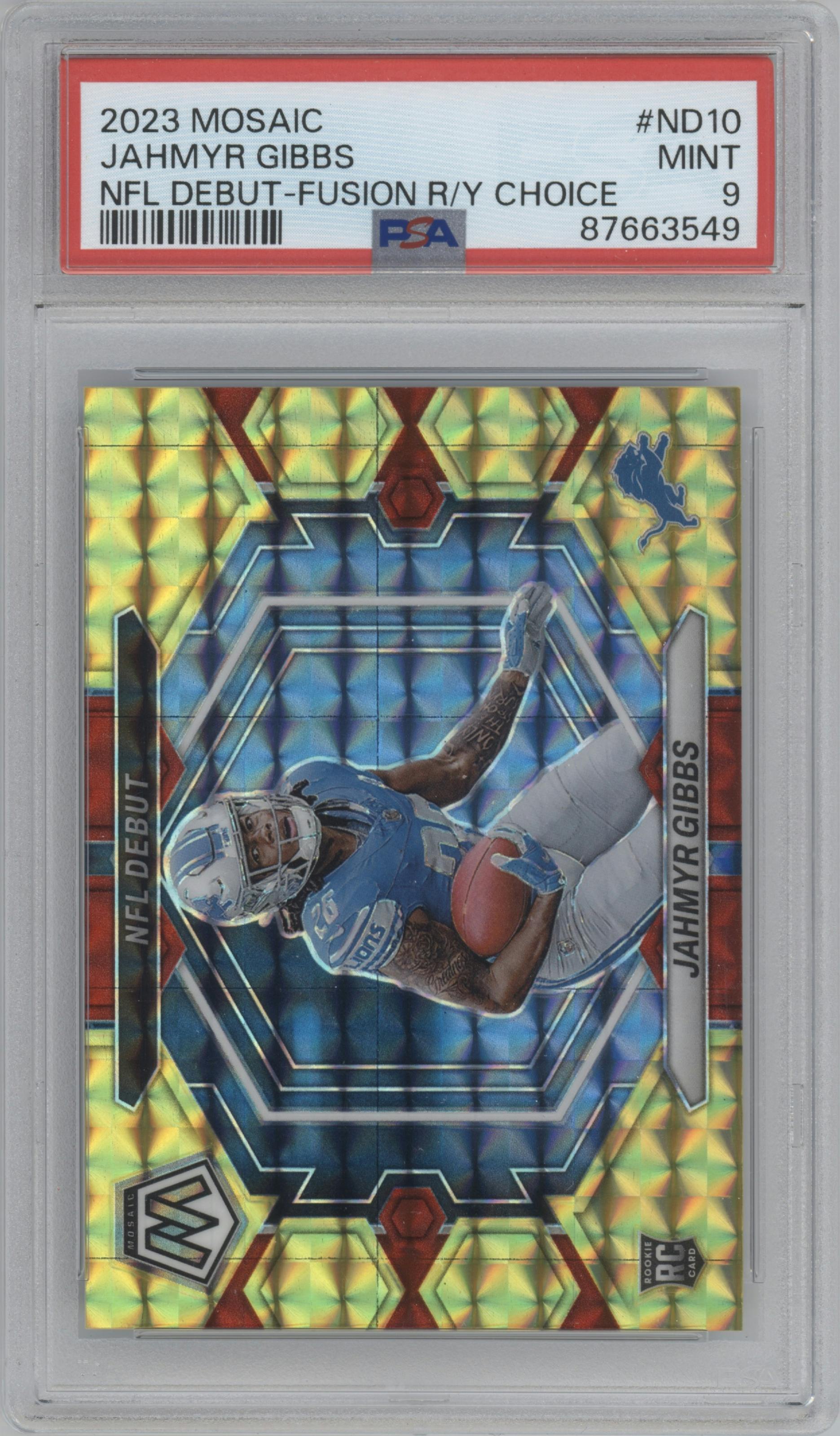 Jahmyr Gibbs from the 2023 Panini Mosaic set featuring a Fusion Red/Yellow parallel graded by PSA and given an overall grade of 9.