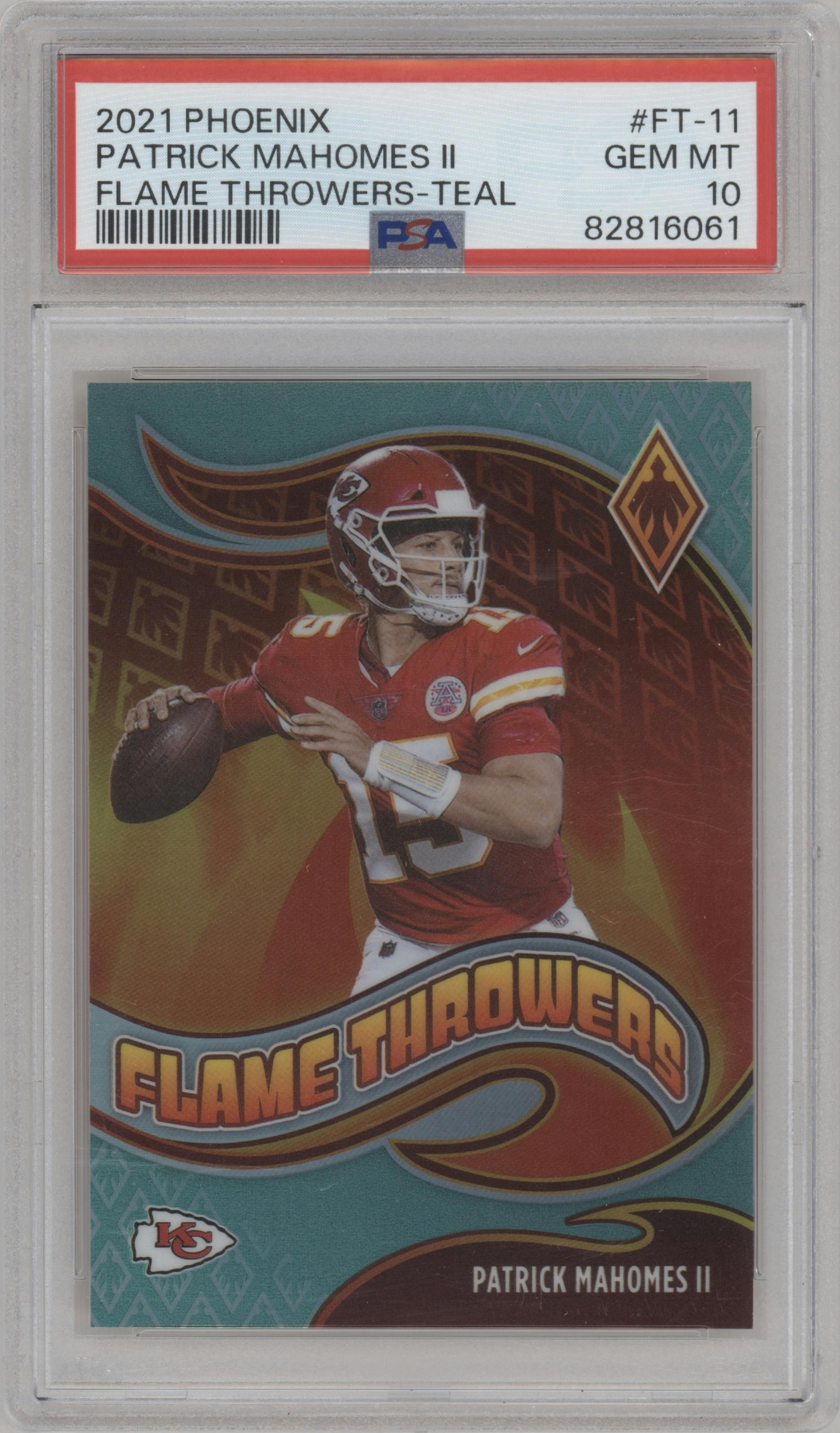 Patrick Mahomes II from the 2021 Panini Phoenix set featuring a Teal parallel graded by PSA and given an overall grade of 10.