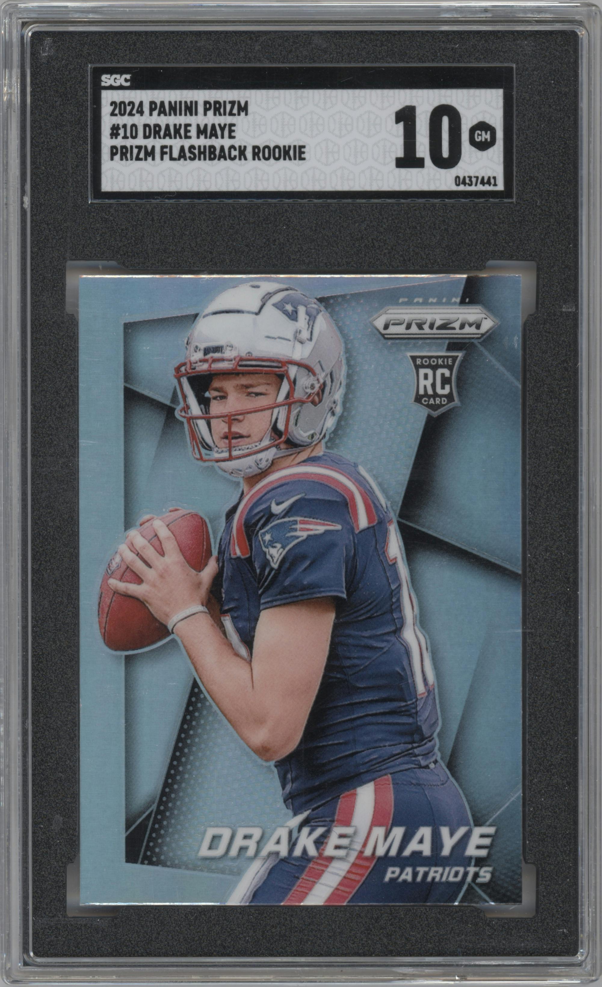 Drake Maye from the 2024 Panini Prizm set graded by SGC and given an overall grade of 10.