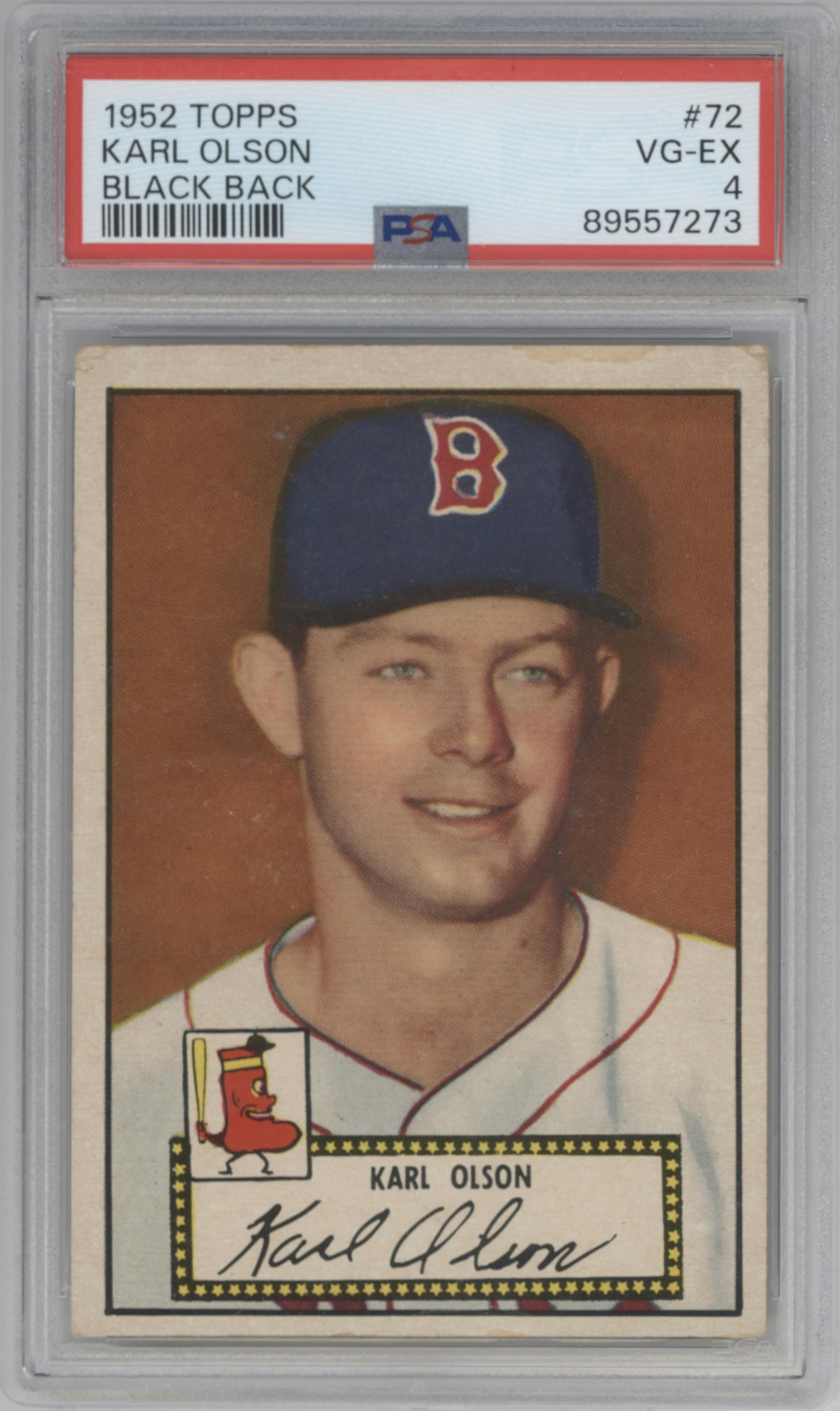Karl Olson from the 1952 Topps set featuring a Black Back parallel graded by PSA and given an overall grade of 4.
