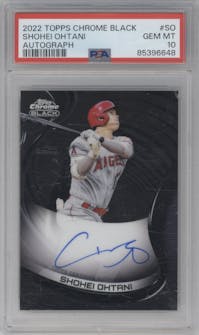 Shohei Ohtani from the 2022 Topps Chrome Black set graded by PSA and given an overall grade of 10.