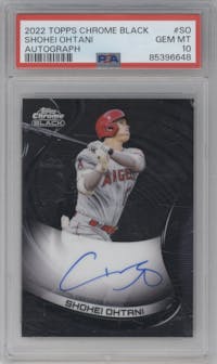 Shohei Ohtani from the 2022 Topps Chrome Black set graded by PSA and given an overall grade of 10.