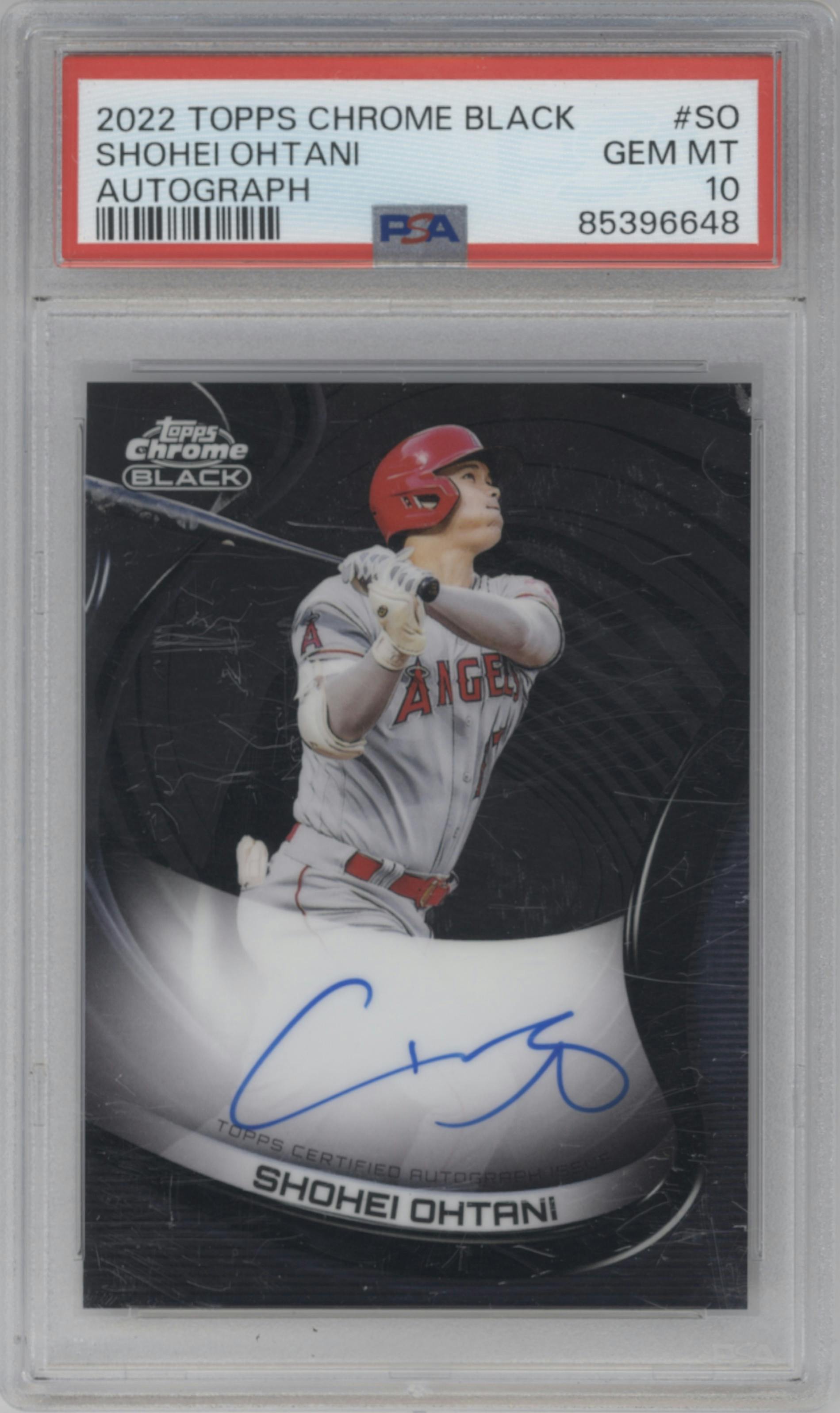 Shohei Ohtani from the 2022 Topps Chrome Black set graded by PSA and given an overall grade of 10.