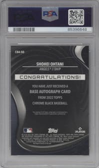 Shohei Ohtani from the 2022 Topps Chrome Black set graded by PSA and given an overall grade of 10.