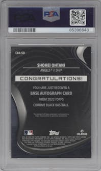 Shohei Ohtani from the 2022 Topps Chrome Black set graded by PSA and given an overall grade of 10.