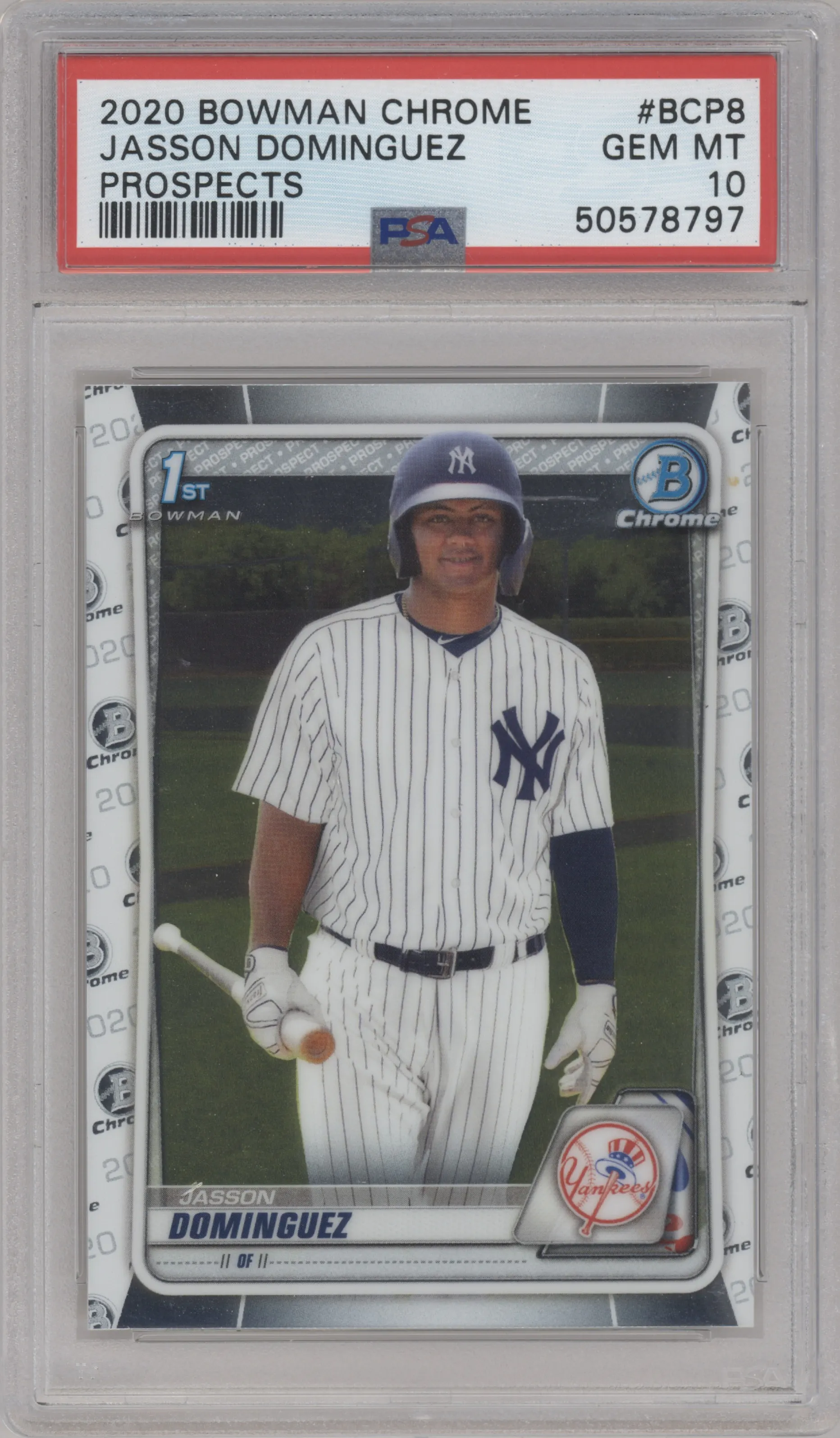 Jasson Dominguez from the 2020 Bowman set graded by PSA and given an overall grade of 10.