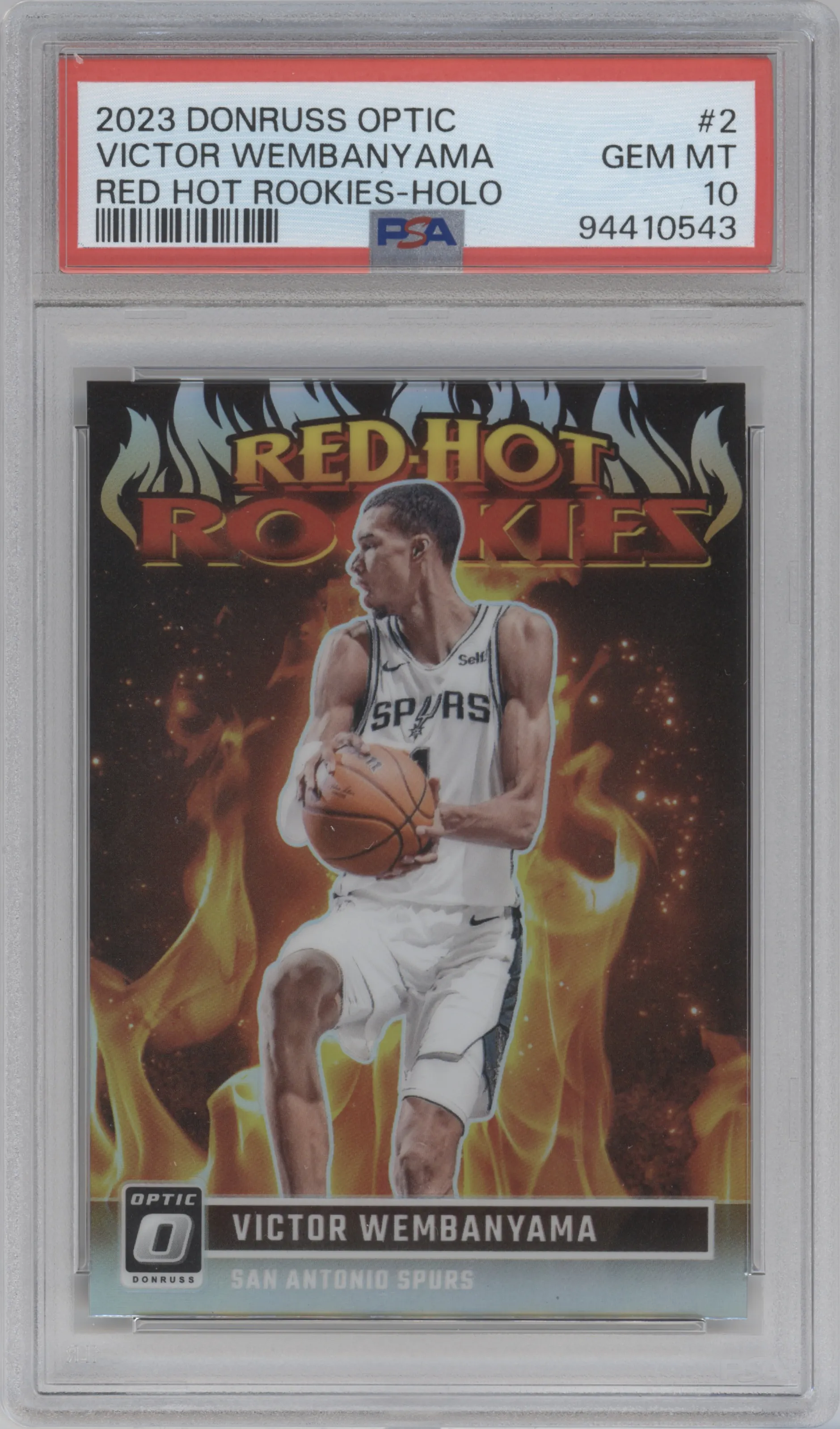 Victor Wembanyama from the 2023-24 Donruss Optic set featuring a Holo parallel graded by PSA and given an overall grade of 10.