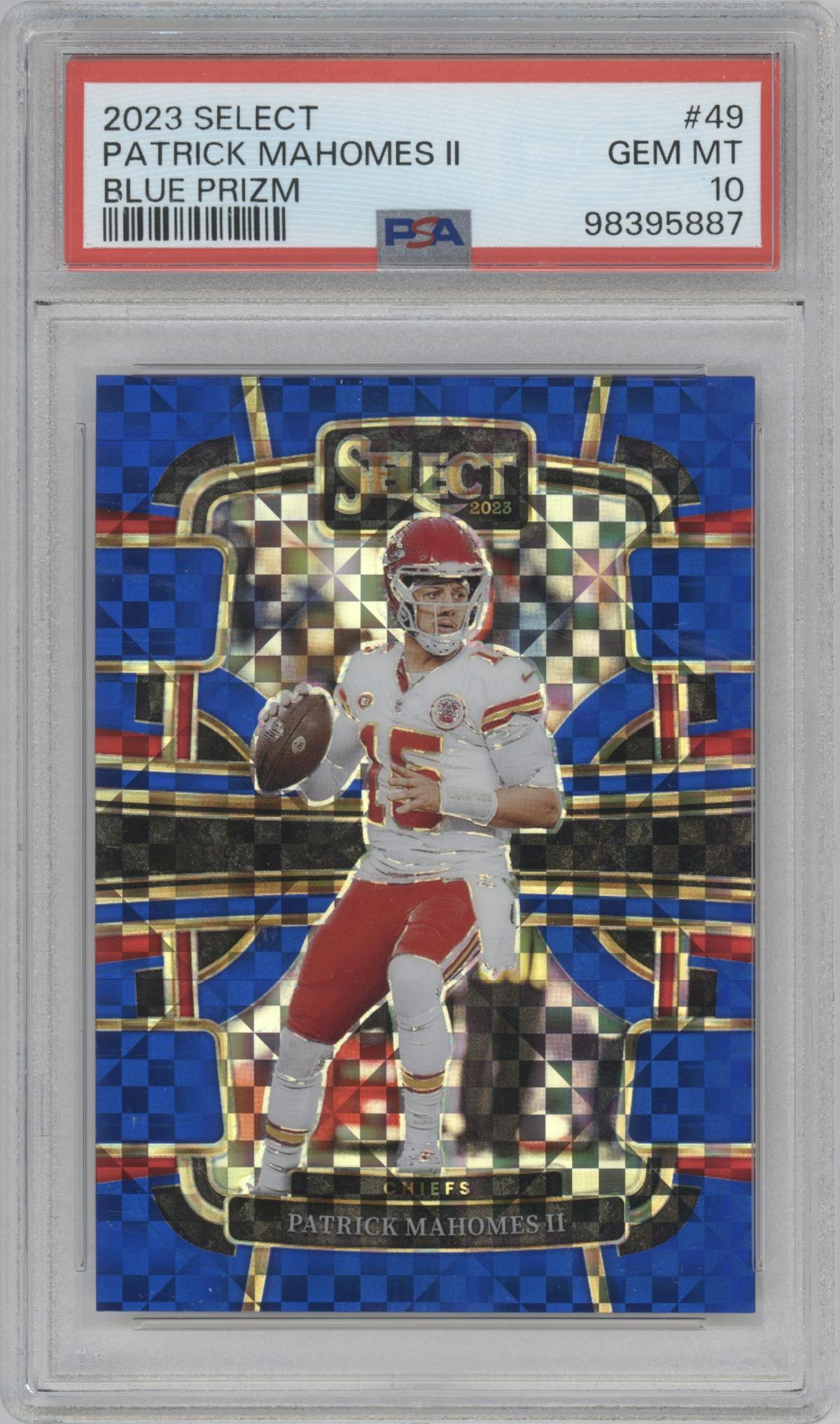 Patrick Mahomes II from the 2023 Panini Select set featuring a  Blue Prizm parallel graded by PSA and given an overall grade of 10.